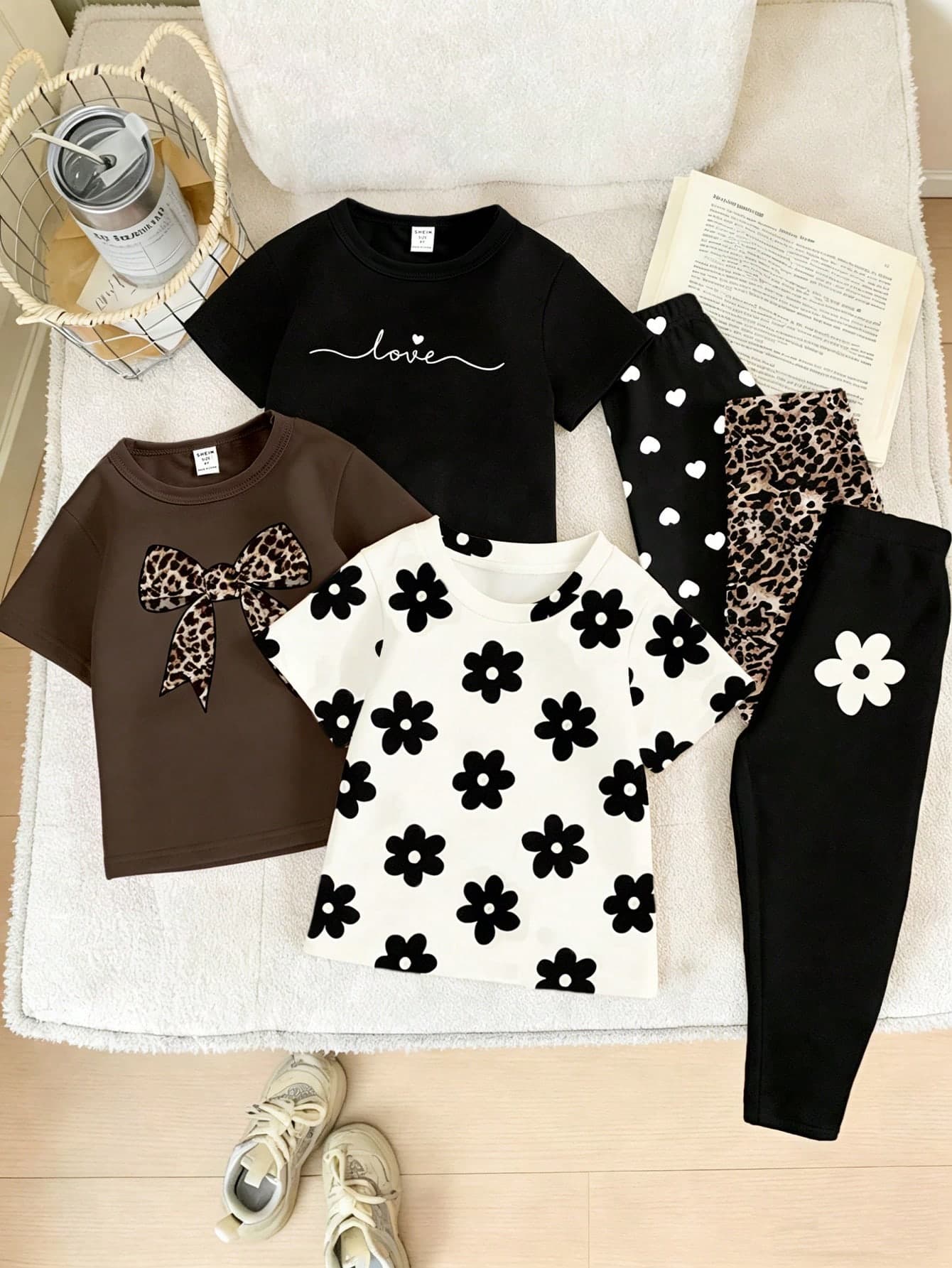 SHEIN Playful Pals 2pcs/Set Girls' Casual Chic Bowknot Leopard Print Pattern T-Shirt And Leggings Outfit, Comfortable Daily Wear For Spring, Summer And Autumn