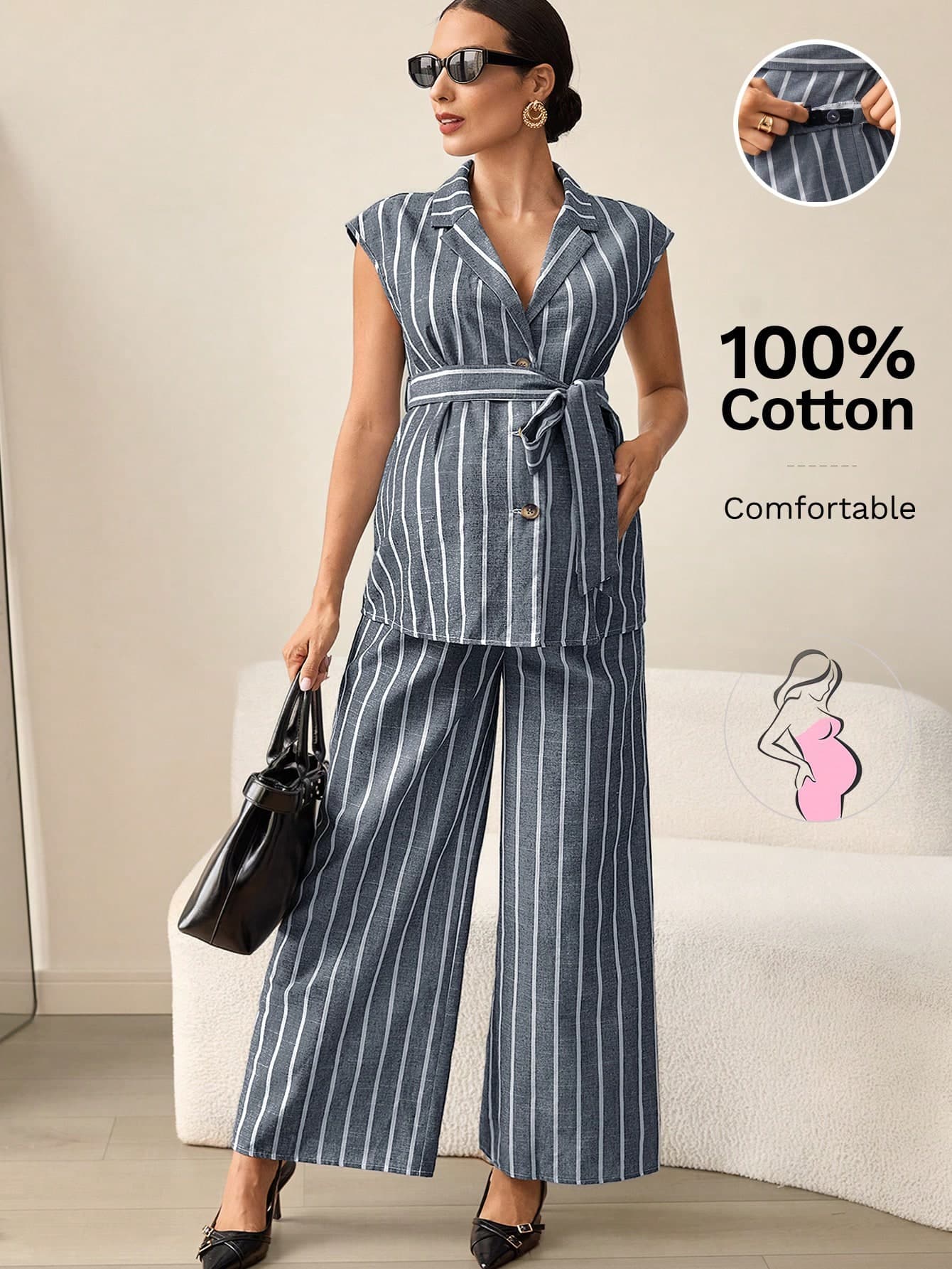 MaterniWear Maternity Summer Casual Light Blue Striped 2-Piece Set,Pure Cotton Single-Breasted Shirt&Wide-Leg Trousers,Adjustable Elastic Waist,Photoshoot Outfit