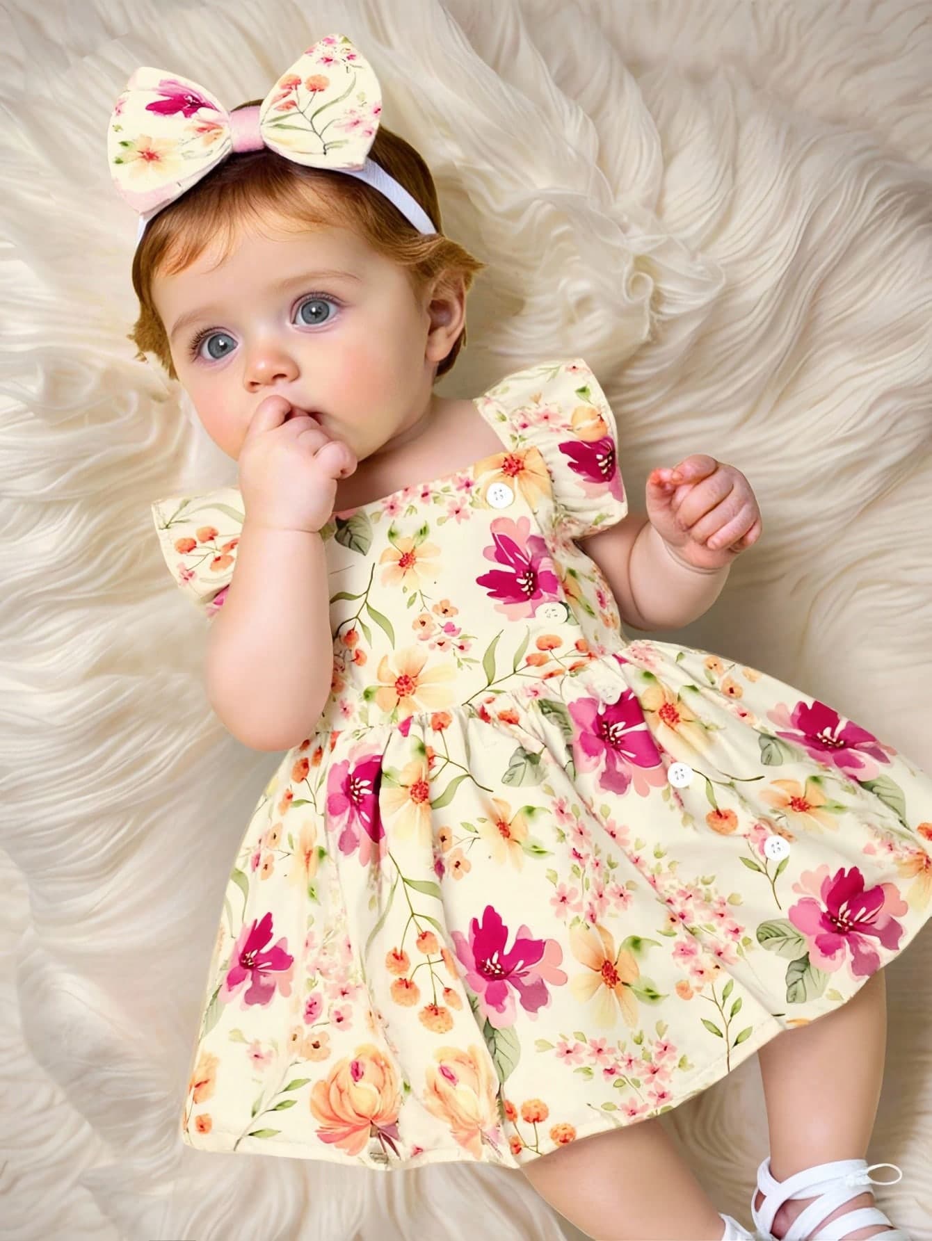 SHEIN 2pcs Baby/Toddler Girls' Cute Watercolor Floral Print Sleeveless Dress And Headband Set, Summer