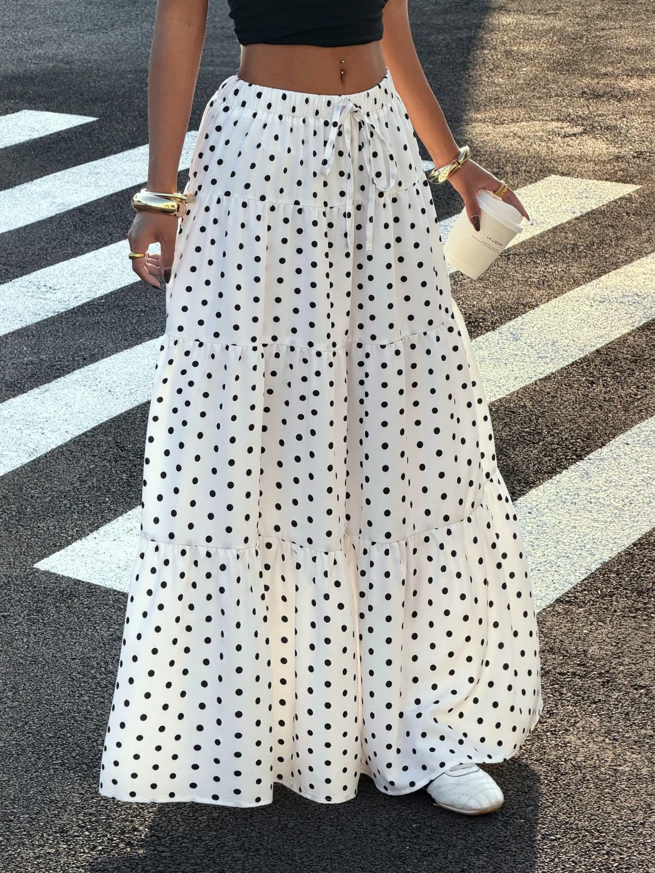 Muchica Women's White Polka Dot Casual Vacation Skirt For Going Out, Streetwear, Y2K, Spring/Summer, White Boho Skirt, Summer Maxi Skirt