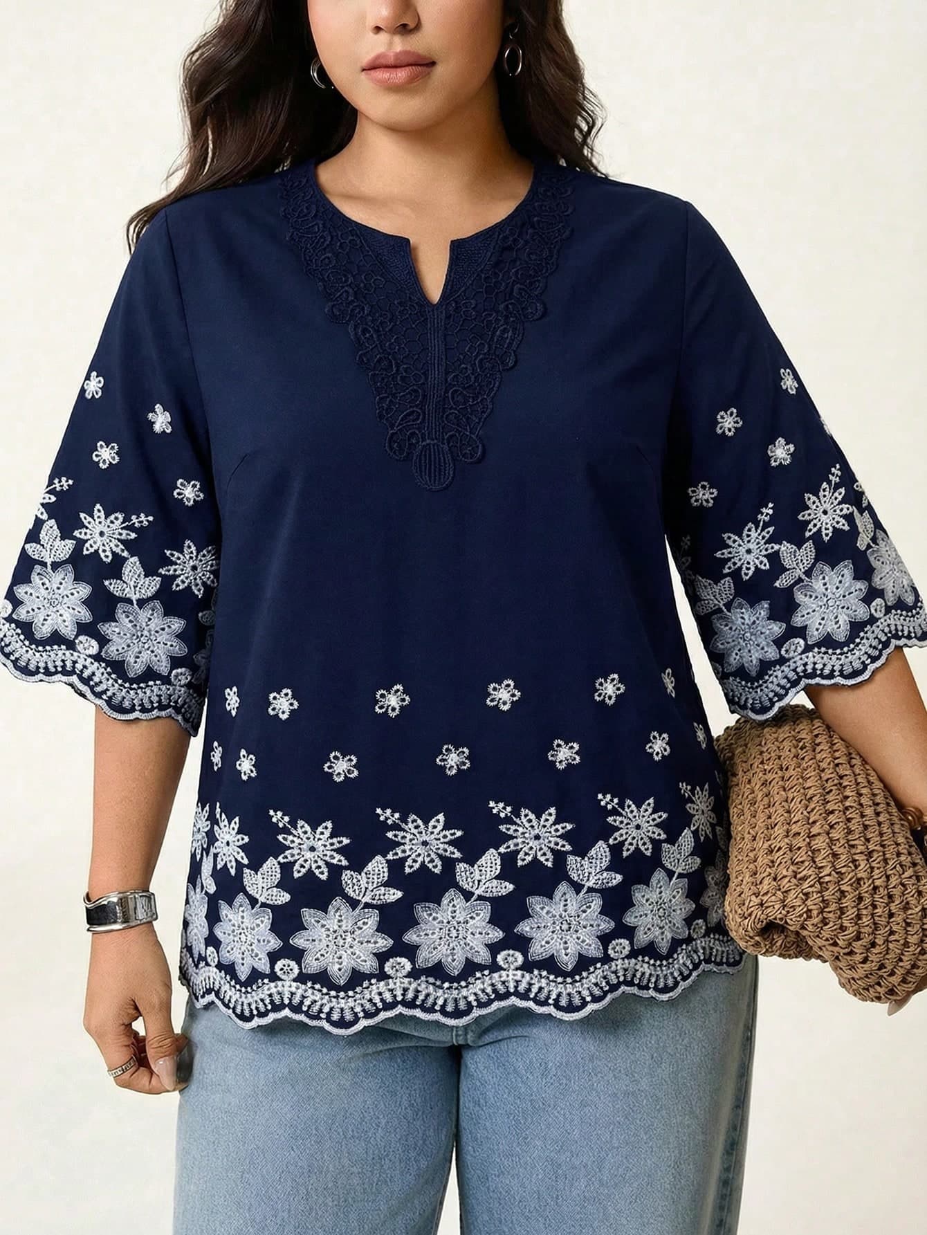 SHEIN LUNE Plus Size V-Neck Short Sleeve Embroidered Casual Shirt Fall