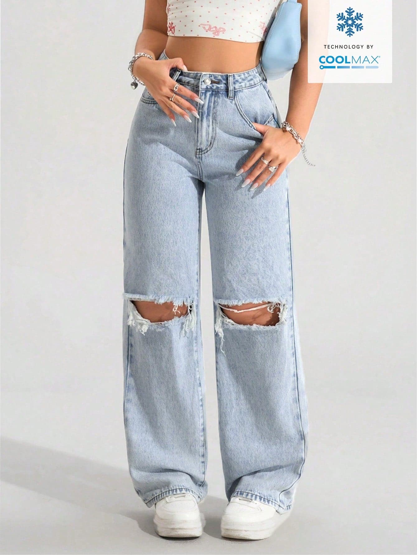 SHEIN PETITE Women's Casual Fashion Street Chic High Waist Distressed Loose Wide Leg Denim Jeans, Suitable For Daily Commute In Summer ,Petite Women