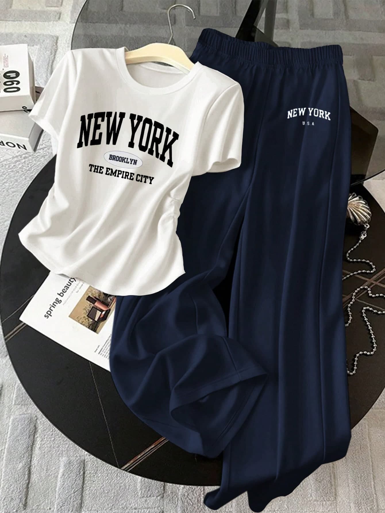 SHEIN 2pcs Women Casual New York Graphic Print Short Sleeve T-Shirt & Pants Set