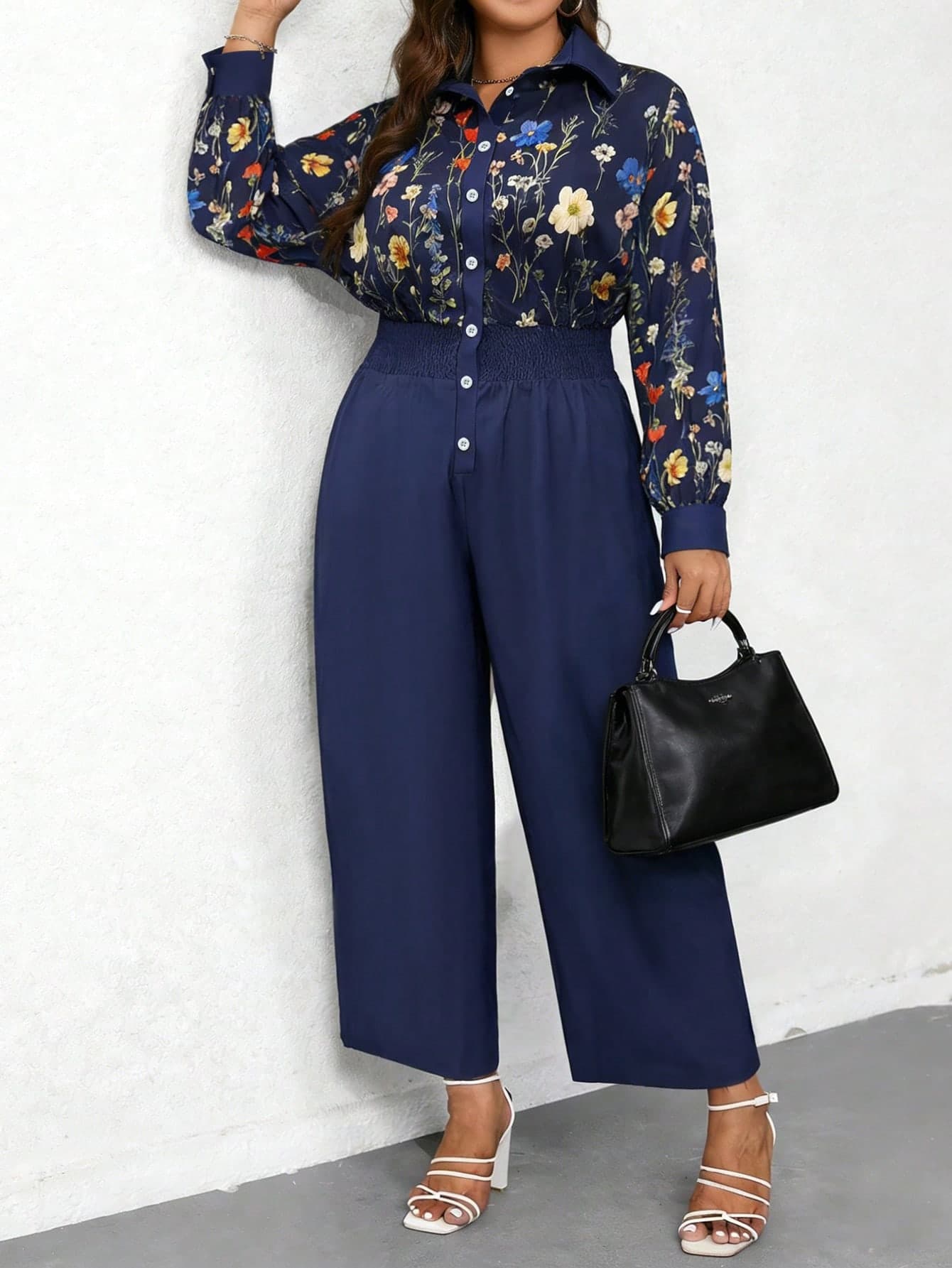 EMERY ROSE Plus Size Floral Print Long Sleeve Blouse And Navy Blue High Waist Pants Set,Autumn Smart Casual Office Vacation Patchwork Waist Fitted Jumpsuit