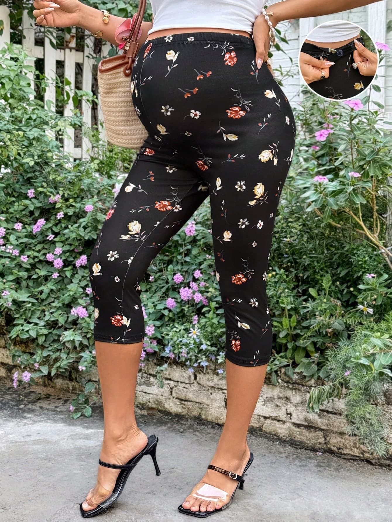 SHEIN Maternity Clothes Maternity Pants Maternity Casual Vacation Floral Print Adjustable Waist 3/4 Length Leggings Vacation Black