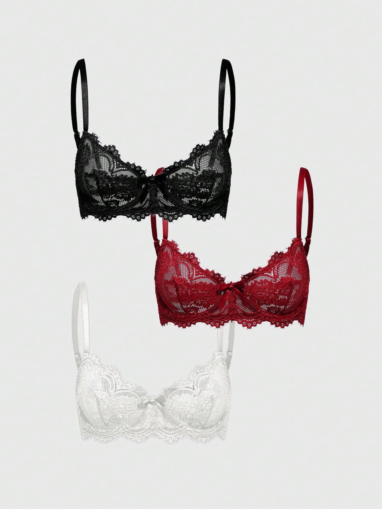 ROMWE 3pcs Plus Size Women Lace Patchwork Bow Decor Adjustable Strap Bras Set
