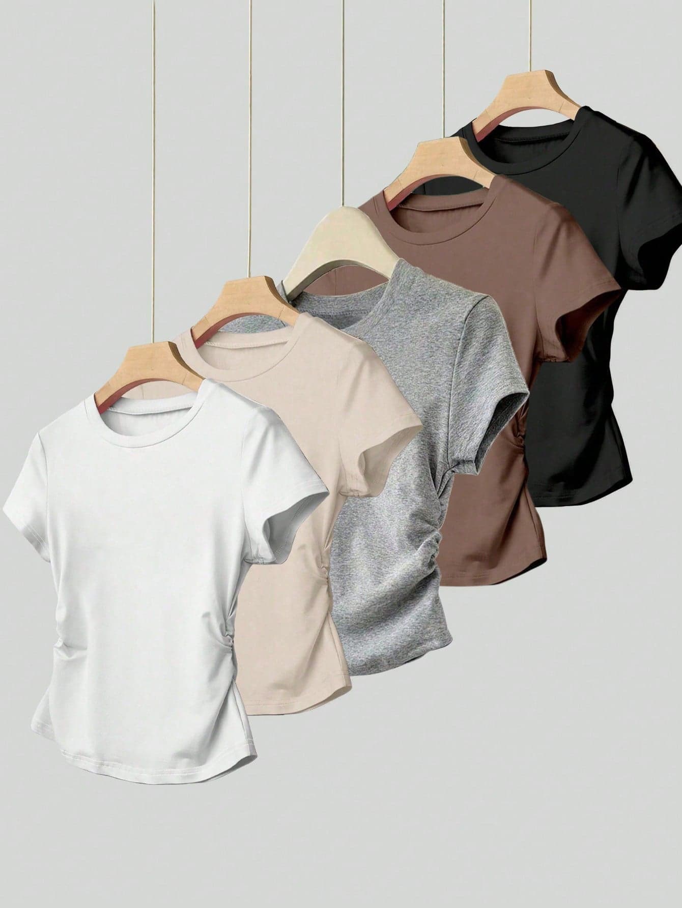 SHEIN Explorewe Teen Girl 5-Piece T-Shirt Ensemble, Casual Cute White, Champagne, Floral, Gray, Mocha Brown, Black Solid Fitted Cropped T-Shirts