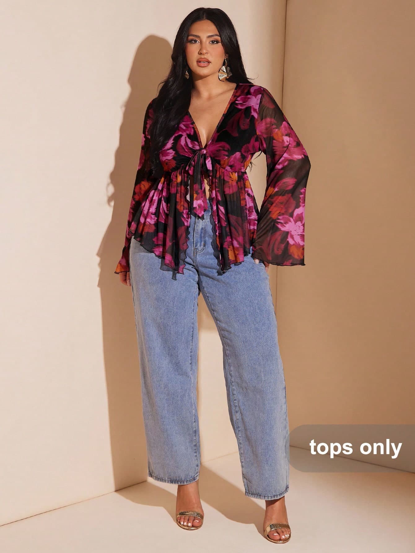 SHEIN BAE Plus Size Vintage Black Paisley Print Front Tie Knit Top, Flare Sleeve Sheer Mesh Autumn Boho Printed Blouse, Night Out Club Vacation Wedding