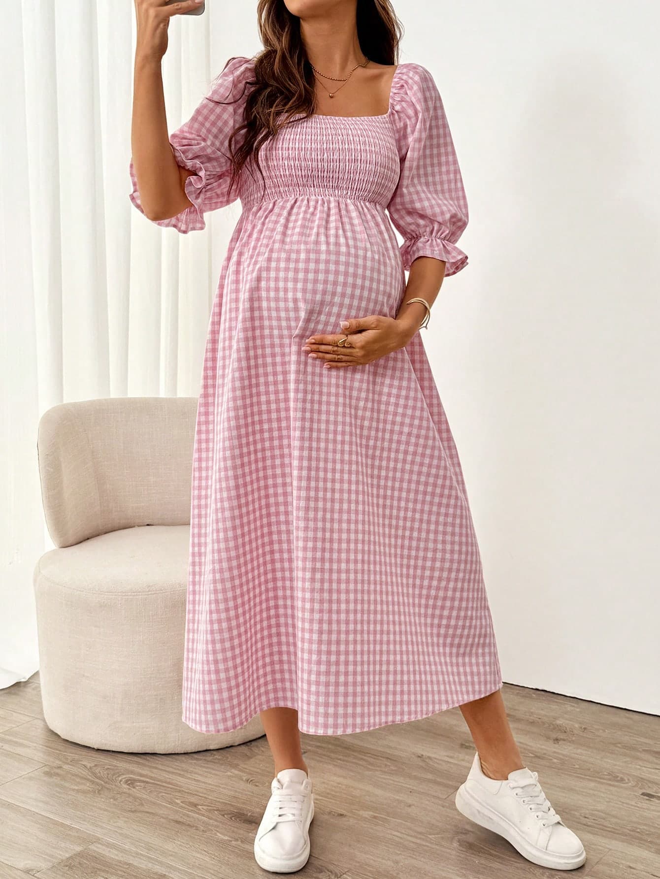 SHEIN Maternity Plaid Print Square Neck Casual Versatile Dress, Summer Holiday Outfits , Summer Outfits, Summer Clothes