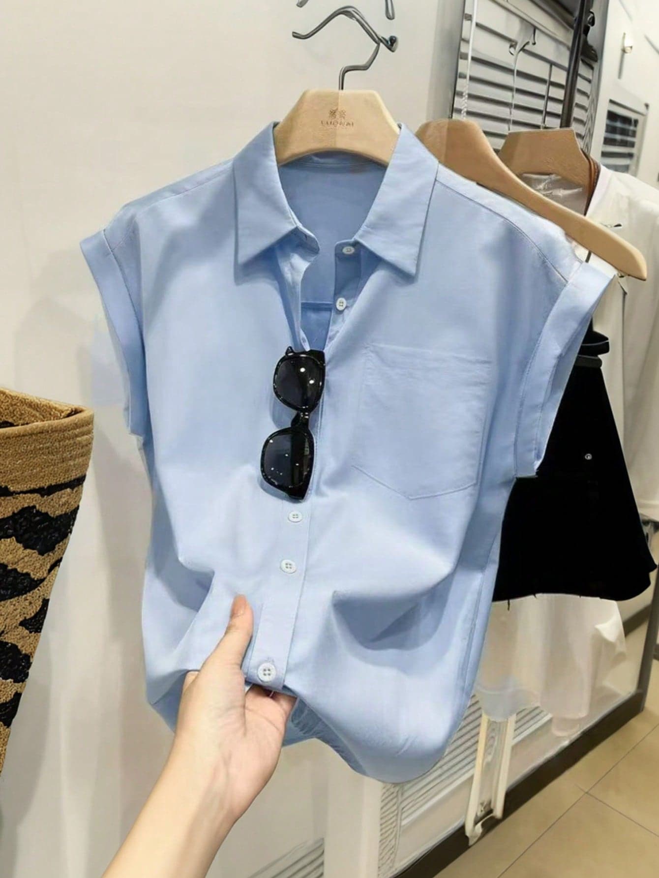 SHEIN PariChic Women's Light Blue Collar Blouse With Regular Short Sleeves And Front Pocket Casual Style
