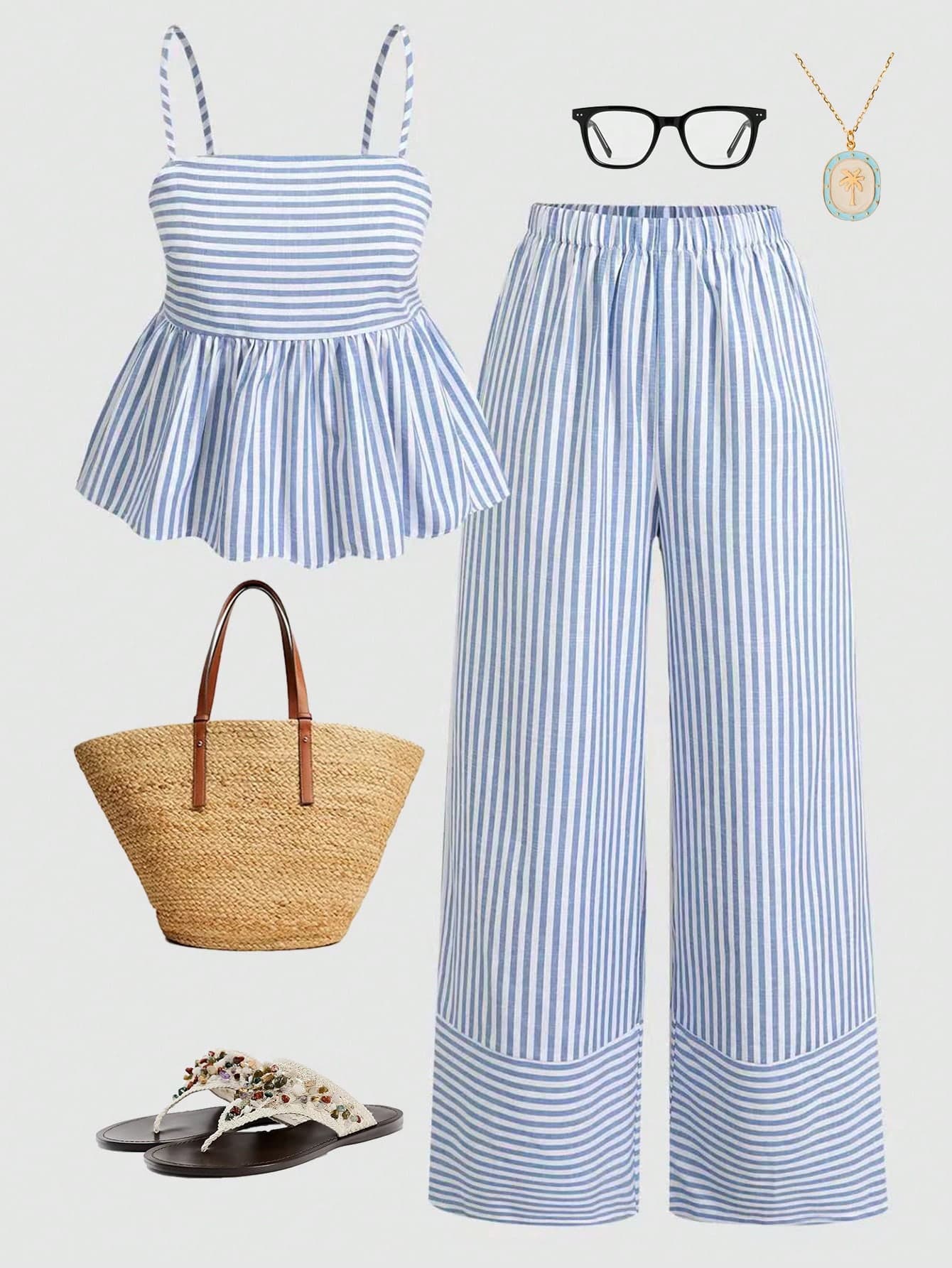 Girlism Kids Teen Girls & Women Summer Blue Striped Tank Top & Wide Leg Pants Set,Casual Vacation Holiday Preppy Woven Cami Top Co-Ords Two Piece Outfit Sets