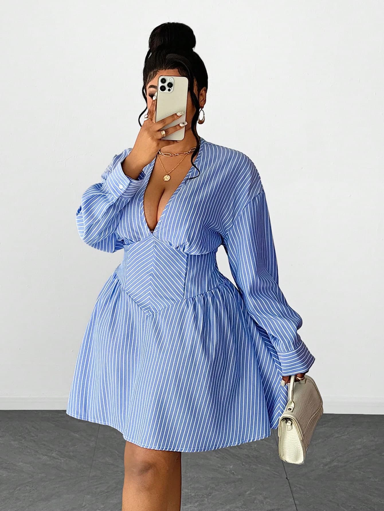Maweii Plus Size V-Neck Striped Short Dress, Vacation Dress Fall