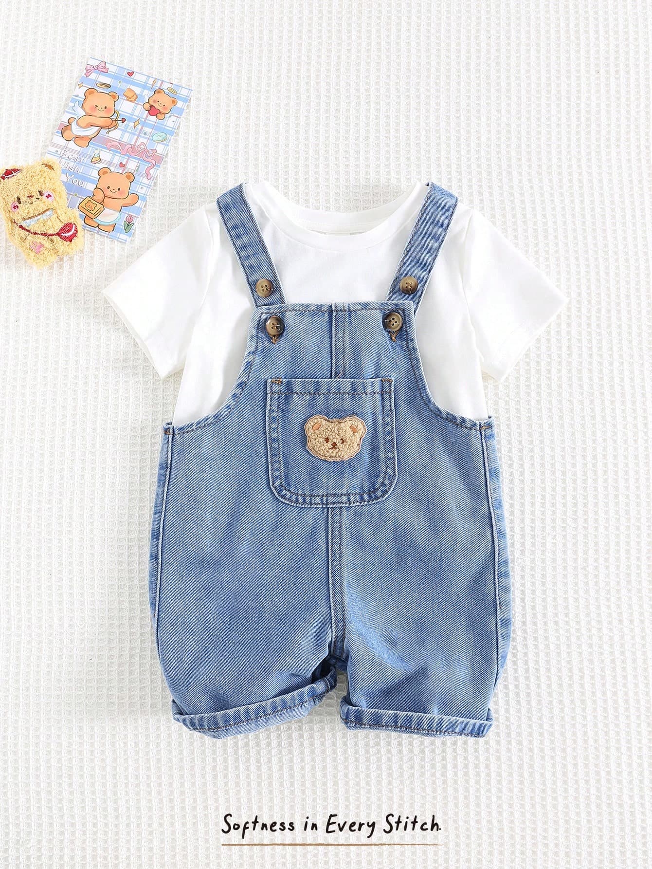 Cozy Pixies Baby Boy Cartoon Bear Graphic Front Pocket Denim Bib Shorts,Kids
