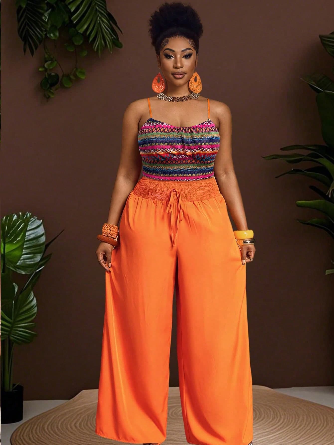 Slaydiva Pink,Summer,Boho,Vacation,Holiday Plus Size Women Colorblock Knit Pattern Camisole Top And Solid Wrap Around Pants Set Y2k Trousers Jumpsuit
