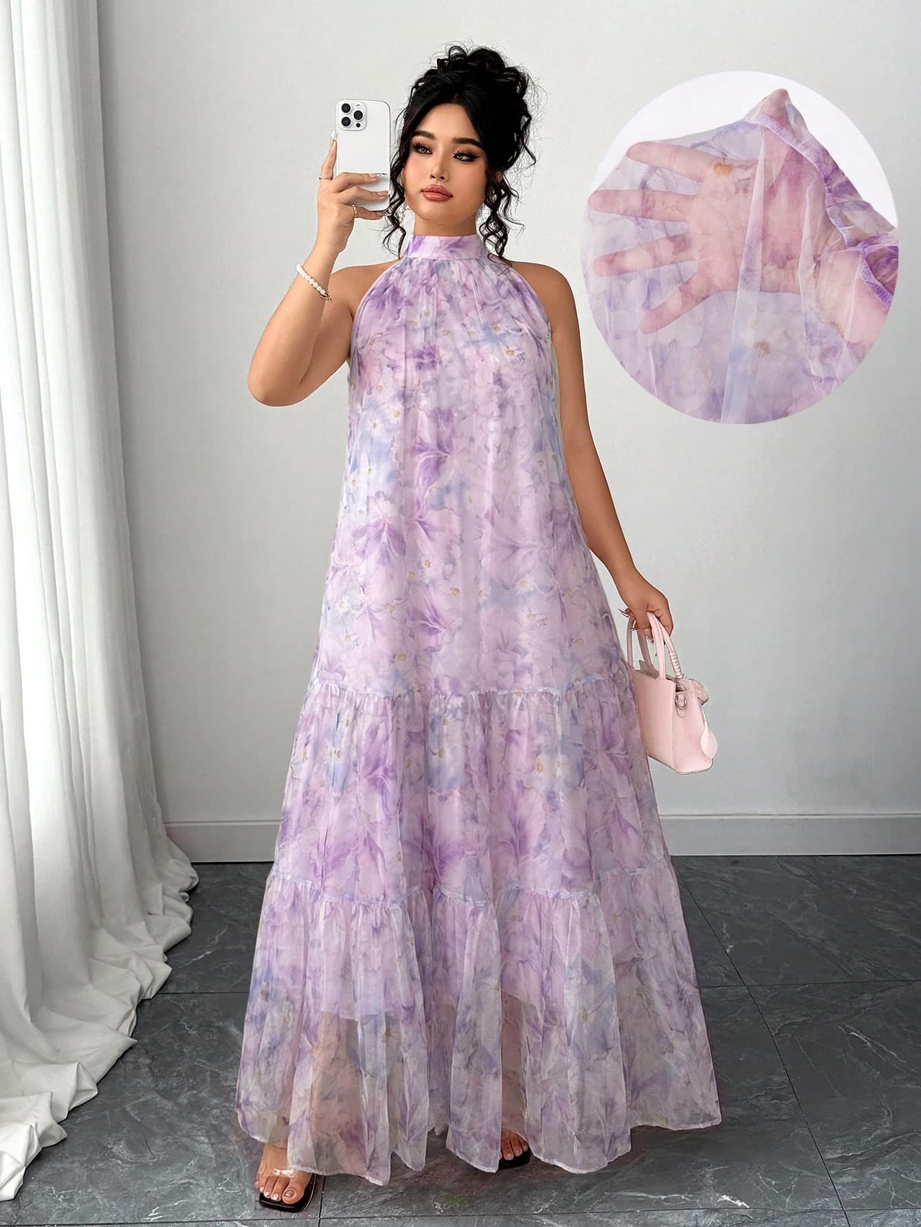 Elenzga Plus Size Women's Elegant Sleeveless Purple Chiffon Floral Dress,Halter Neck Lavender Lilac Summer Holiday Tea Party,Cerise Pink Elegant Maxi Dress