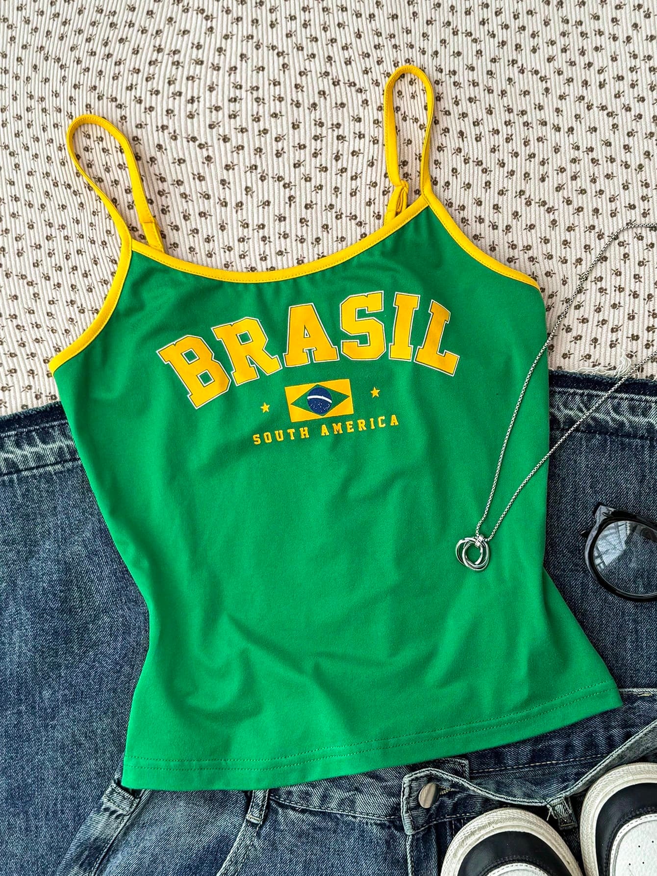 TEENGIRL Bright Color Brazil Print Contrast Color Casual Camisole Snug Fit Top, Suitable For Summer, Sports & Leisure Slim Fit Top