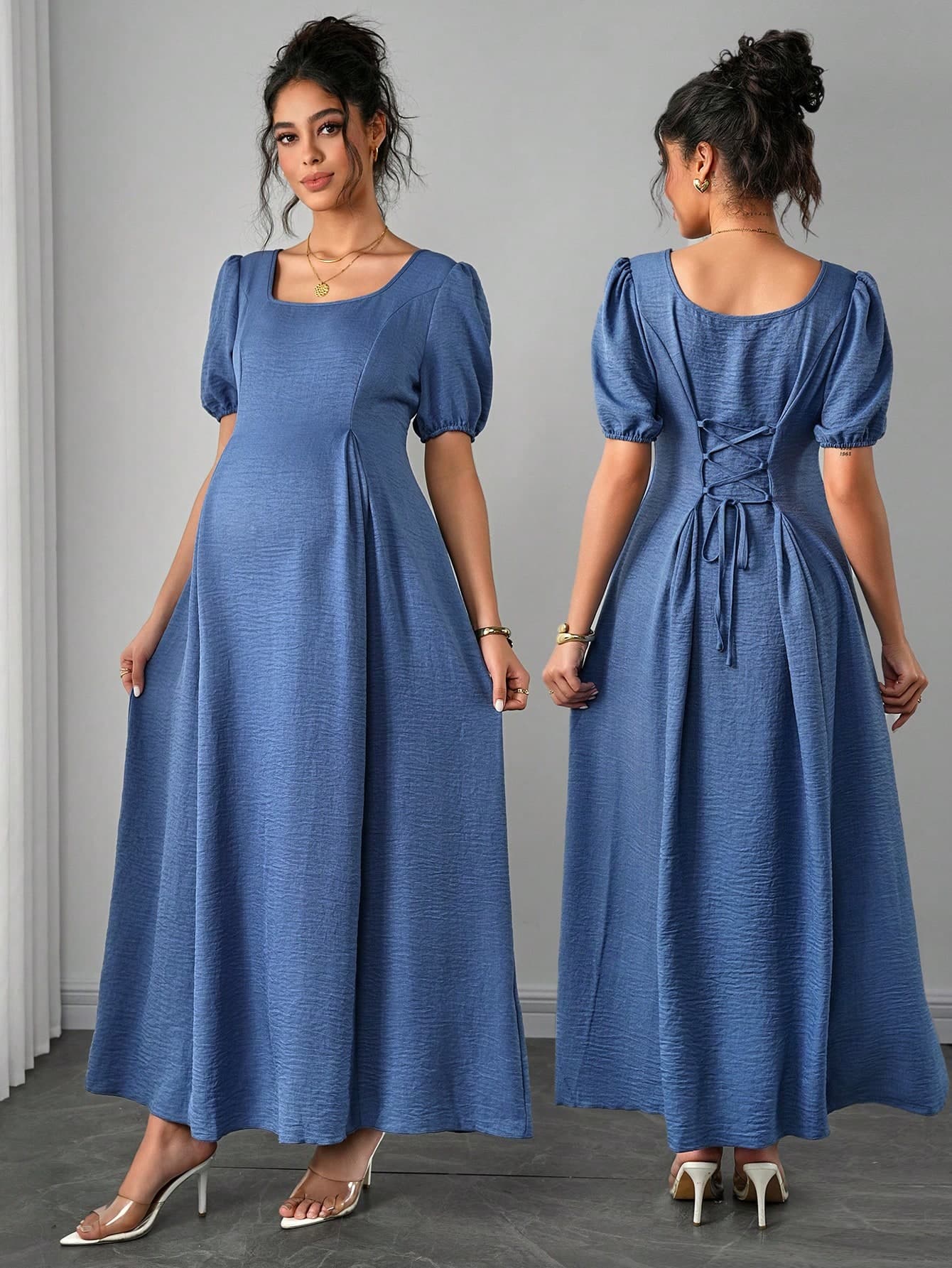 Momance Comfortable Asymmetric Shoulder Ruched Waist A-Line Elegant Romantic Maternity Dress