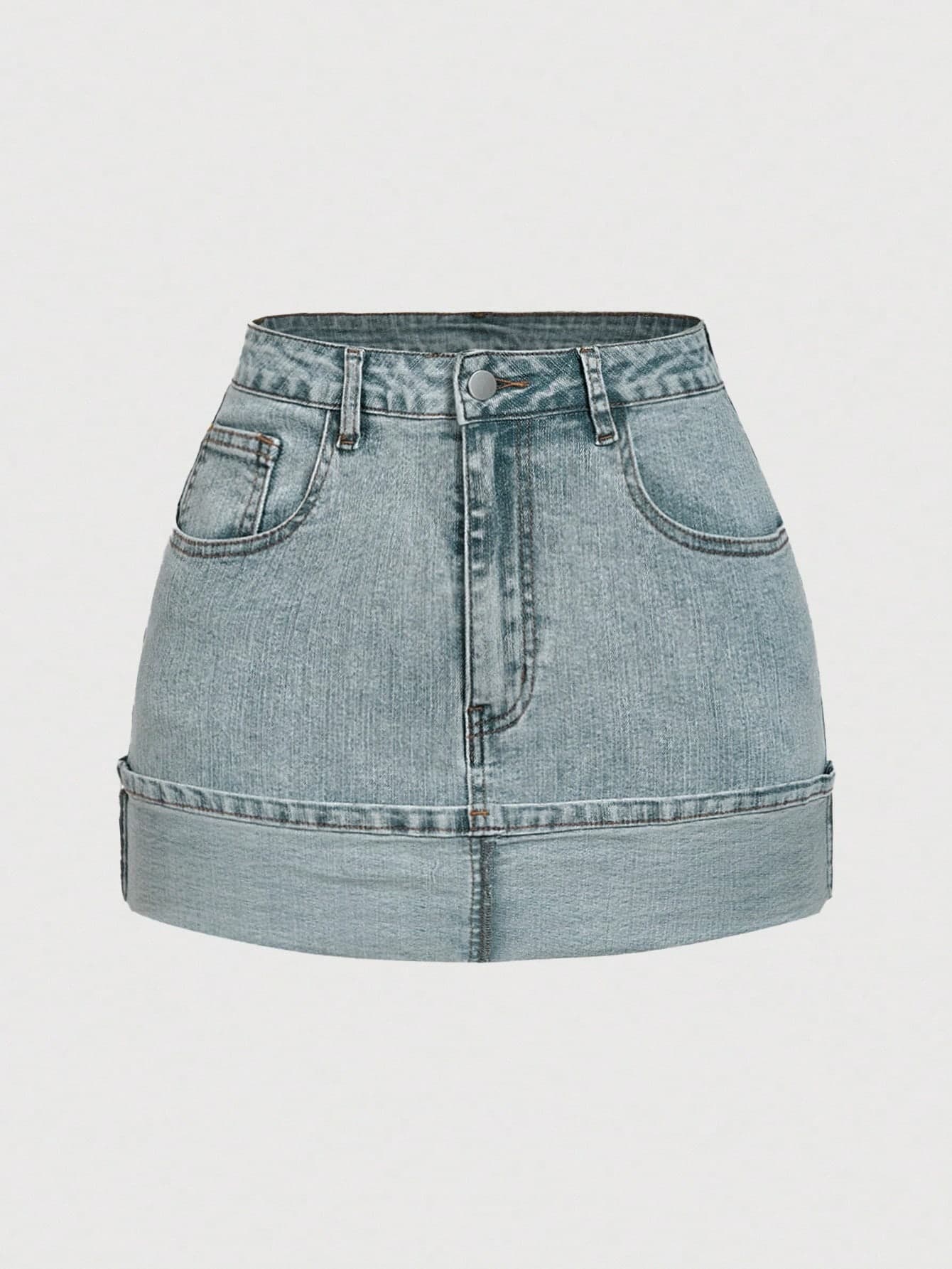 SHEIN MOD Women's Casual Versatile Denim Mini Skirt With Pockets And Rolled Hem