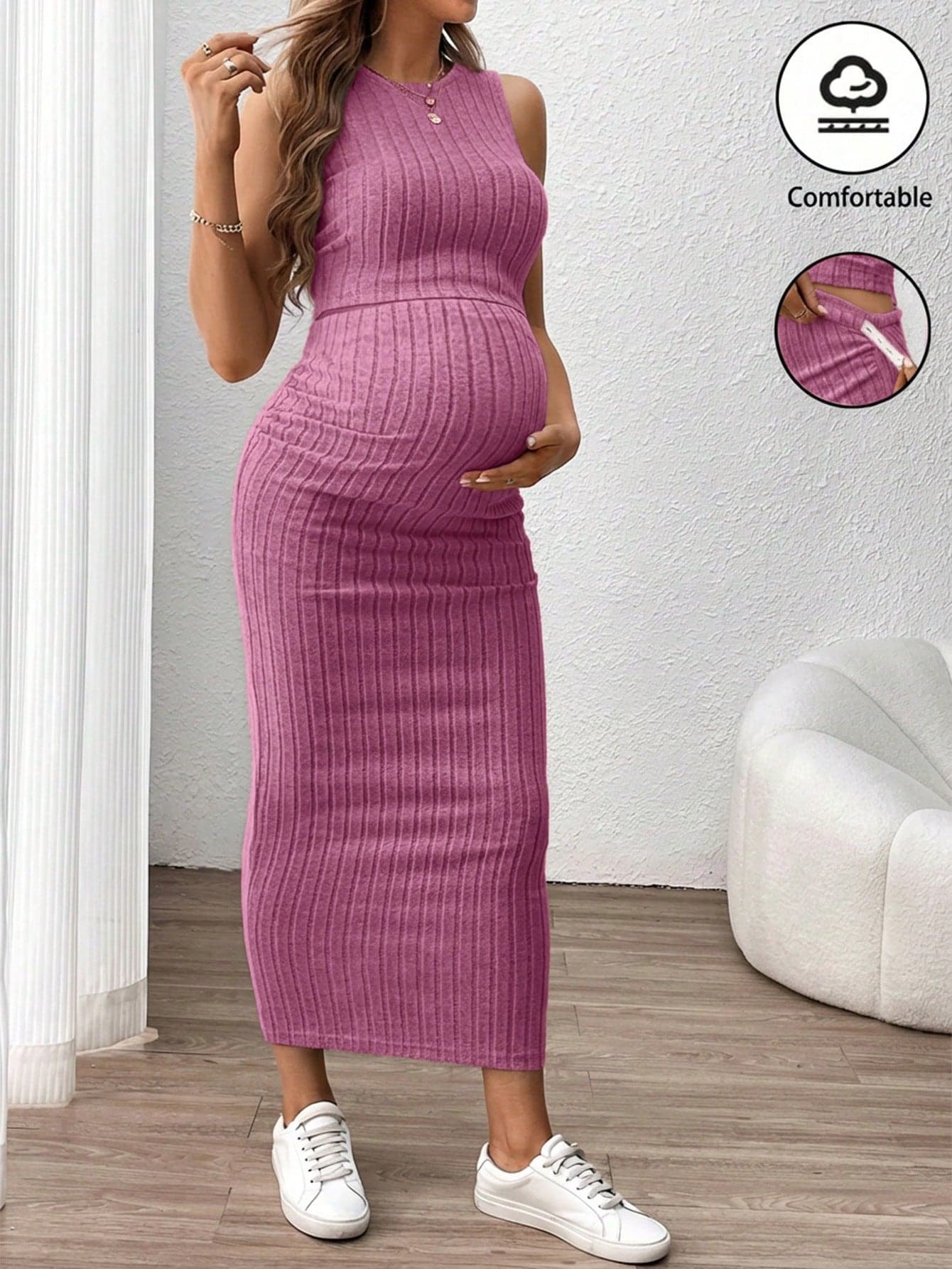 SHEIN 2pcs Maternity Solid Ribbed Tank Top And Adjustable Waist Pencil Skirt Casual Set