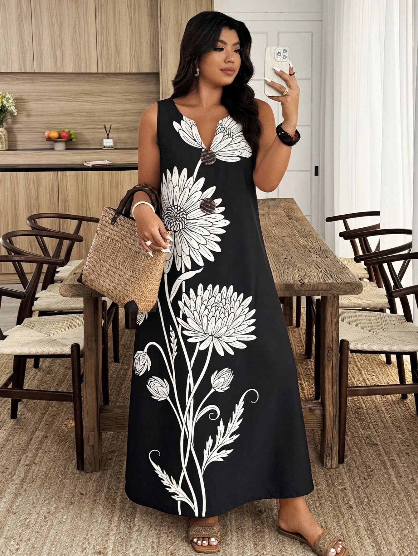 Weeklong Plus-Size Women's Black And White Floral Maxi Dress,Sleeveless V-Neck Button-Accented Boho Elegant Summer Beach Holiday Vacation & Casual Office Wear