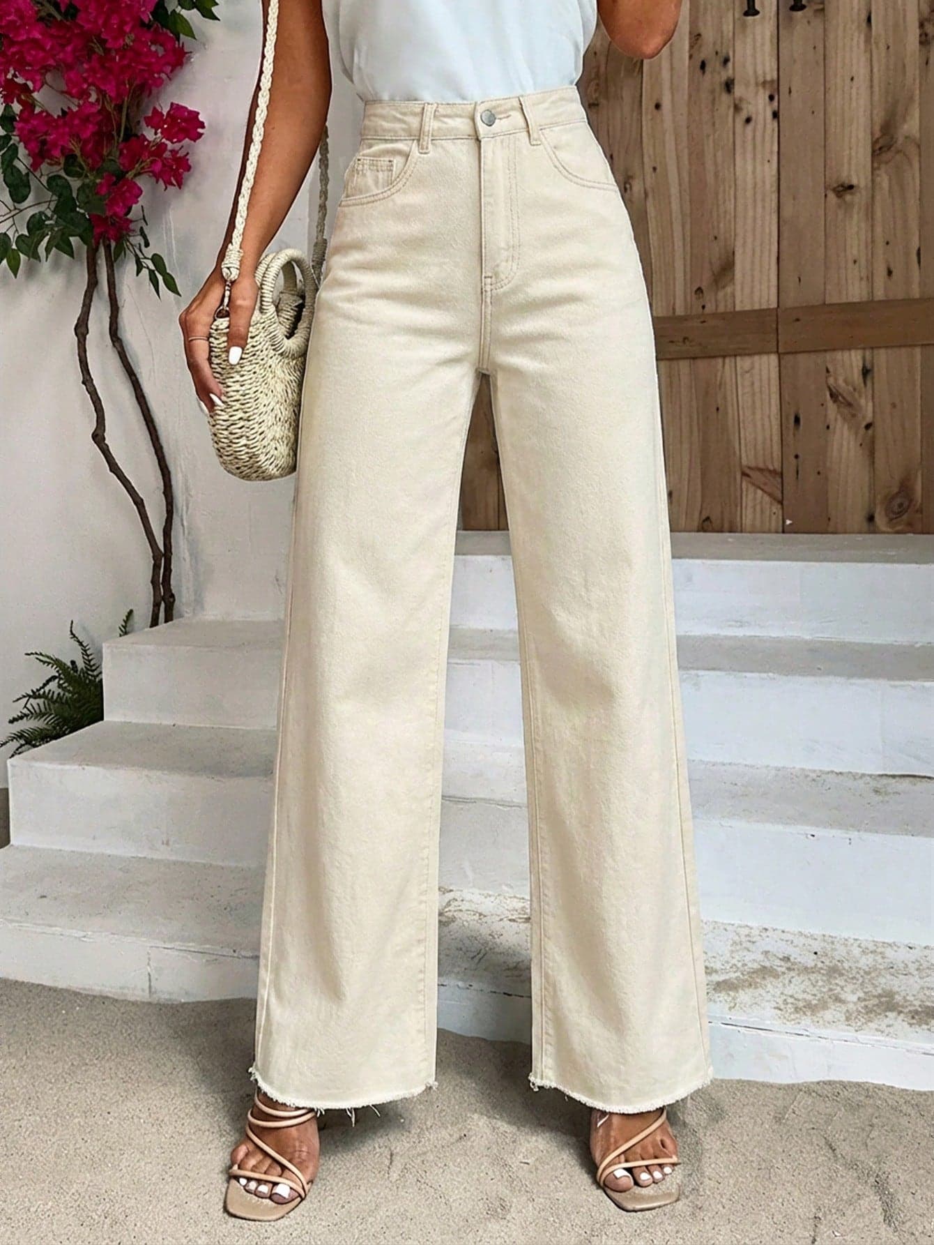 Breezaya Women's Casual Loose Fit Slant Pocket Frayed Hem Wide Leg Jeans Women Wide Leg Pants High Waist Pants Cream Pants Women Pants