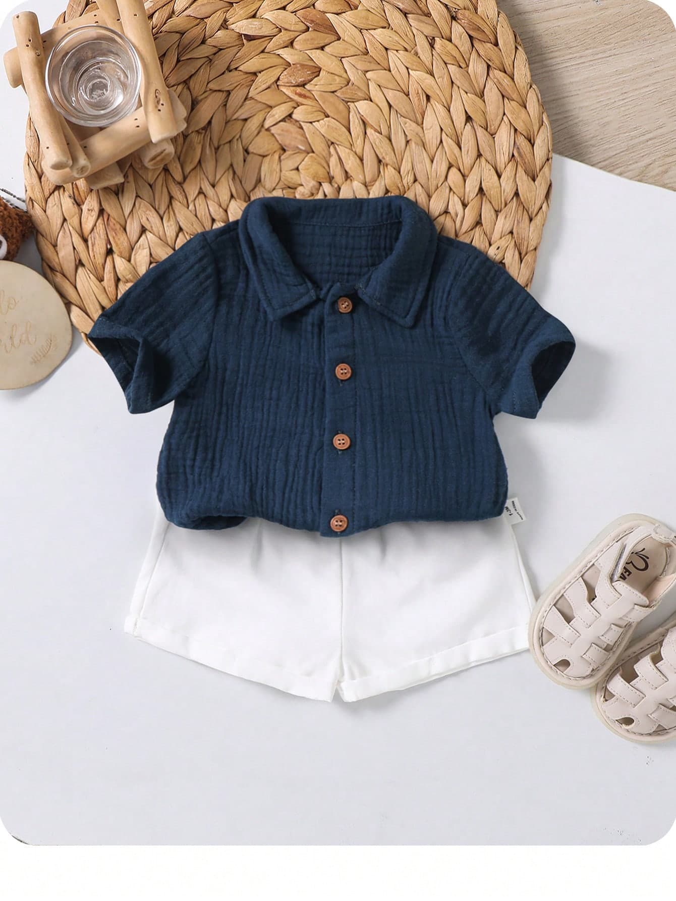 2pcs Newborn Baby Boy Navy Blue Summer Casual Vacation Outfit,Solid Color Shirt And Shorts Set For Birthday Party,Wedding,Pageboy And Baby Shower