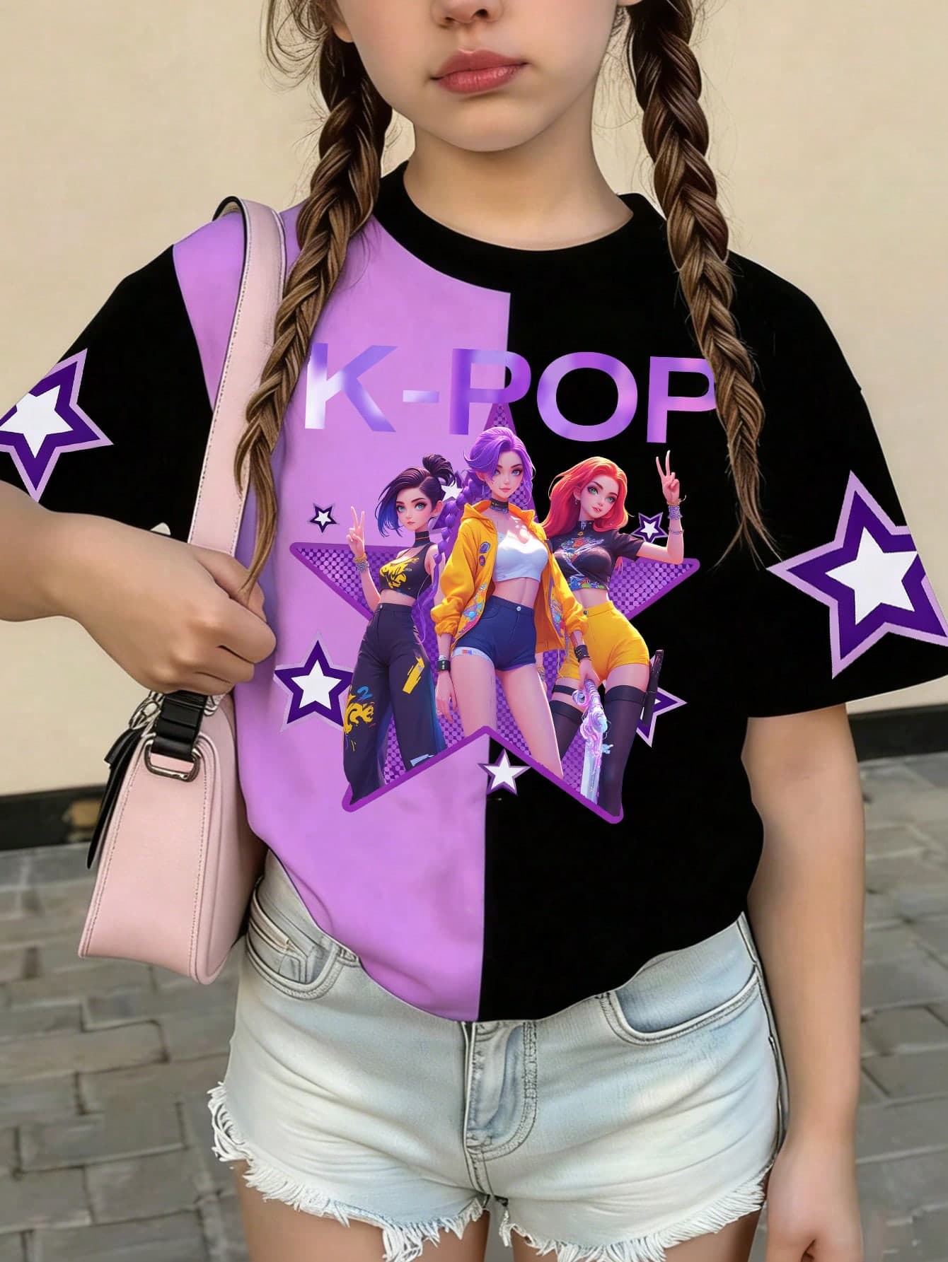 Young Girls' Black Summer Short T-Shirt,Y2k Fashionable Virtual Girl Group Pentagram Starry Sky Graphic Print,Creative Minimalist Comfortable Tops