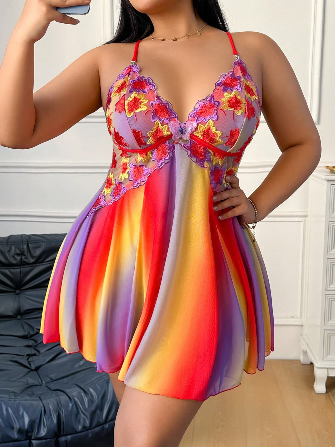 SHEIN Plus Size Women Embroidered Rainbow Ombre Print Mesh Backless Camisole Nightgown