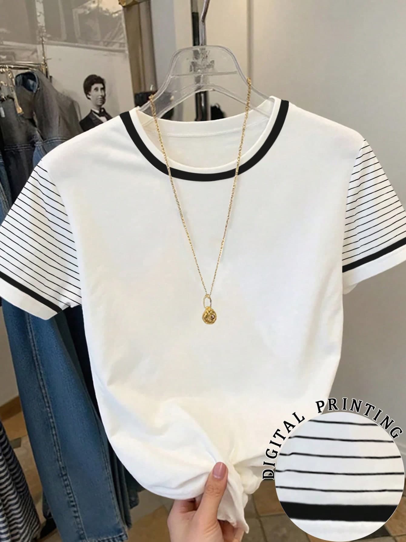 SHEIN Women's Casual Striped Patchwork Round Neck Short Sleeve T-Shirt, Summer