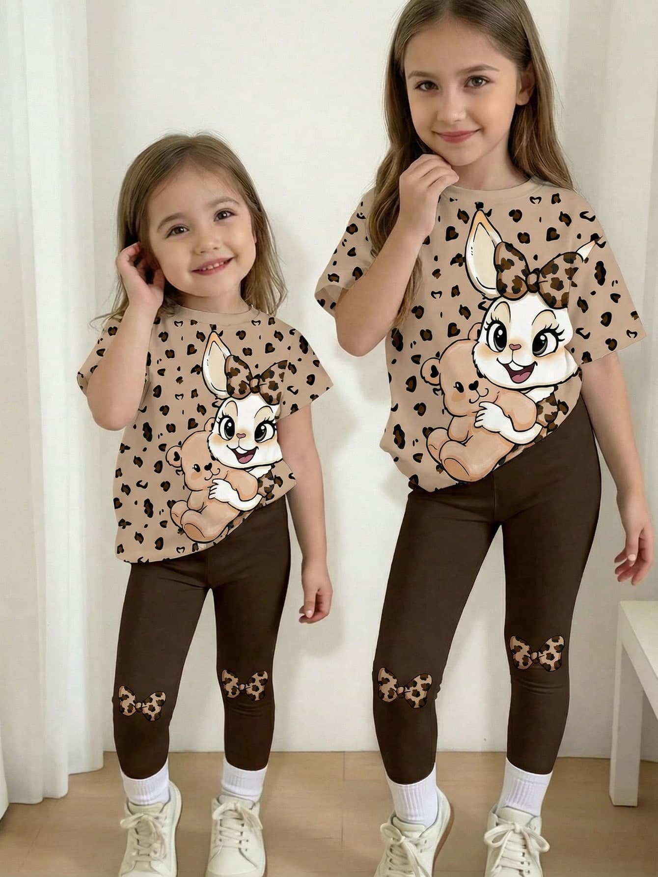 SHEIN 2pcs/Set Young Girls Summer Cute Rabbit & Leopard Print Top And Leggings Set,Casual Loose Round Neck T-Shirt And Tight Pants Family Matching Outfit