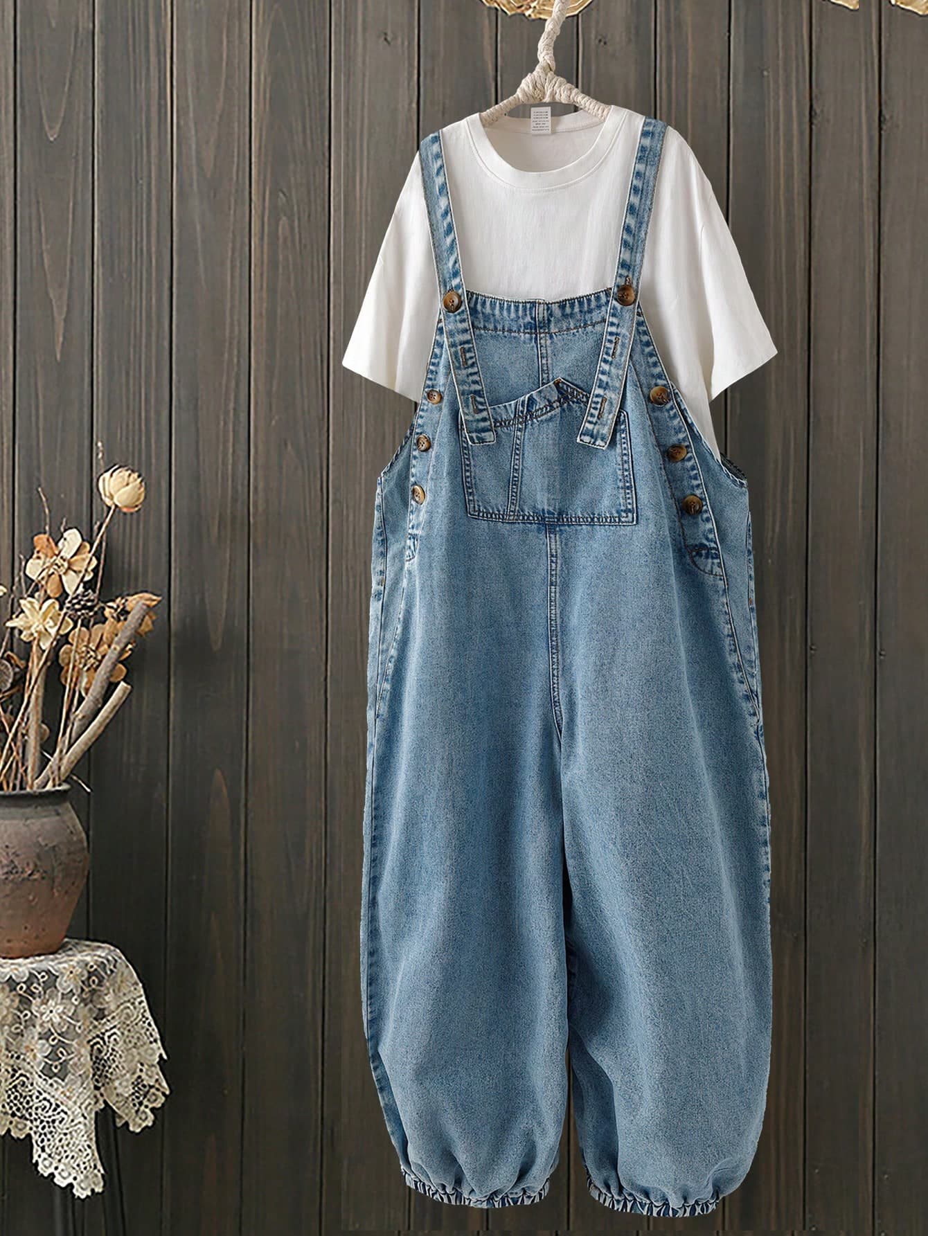 EMERY ROSE EMERY ROSE Women's Light Blue Denim Jumpsuit,Button Fly Wide Leg Summer Casual Overalls,Pocket Design Loose Balloon Jeans,Boho Resort Occasion Outfit,Denim