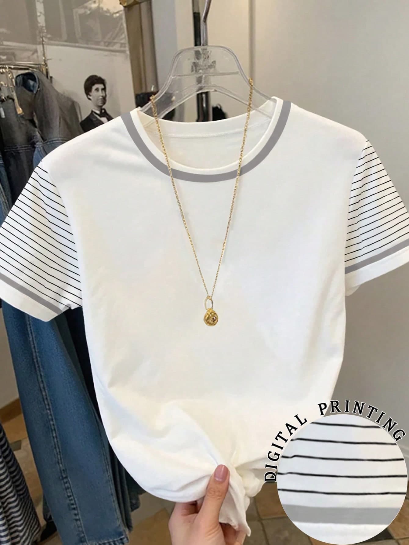 SHEIN Women's Casual Striped Print Short Sleeve T-Shirt, Suitable For Daily Commute In Summer