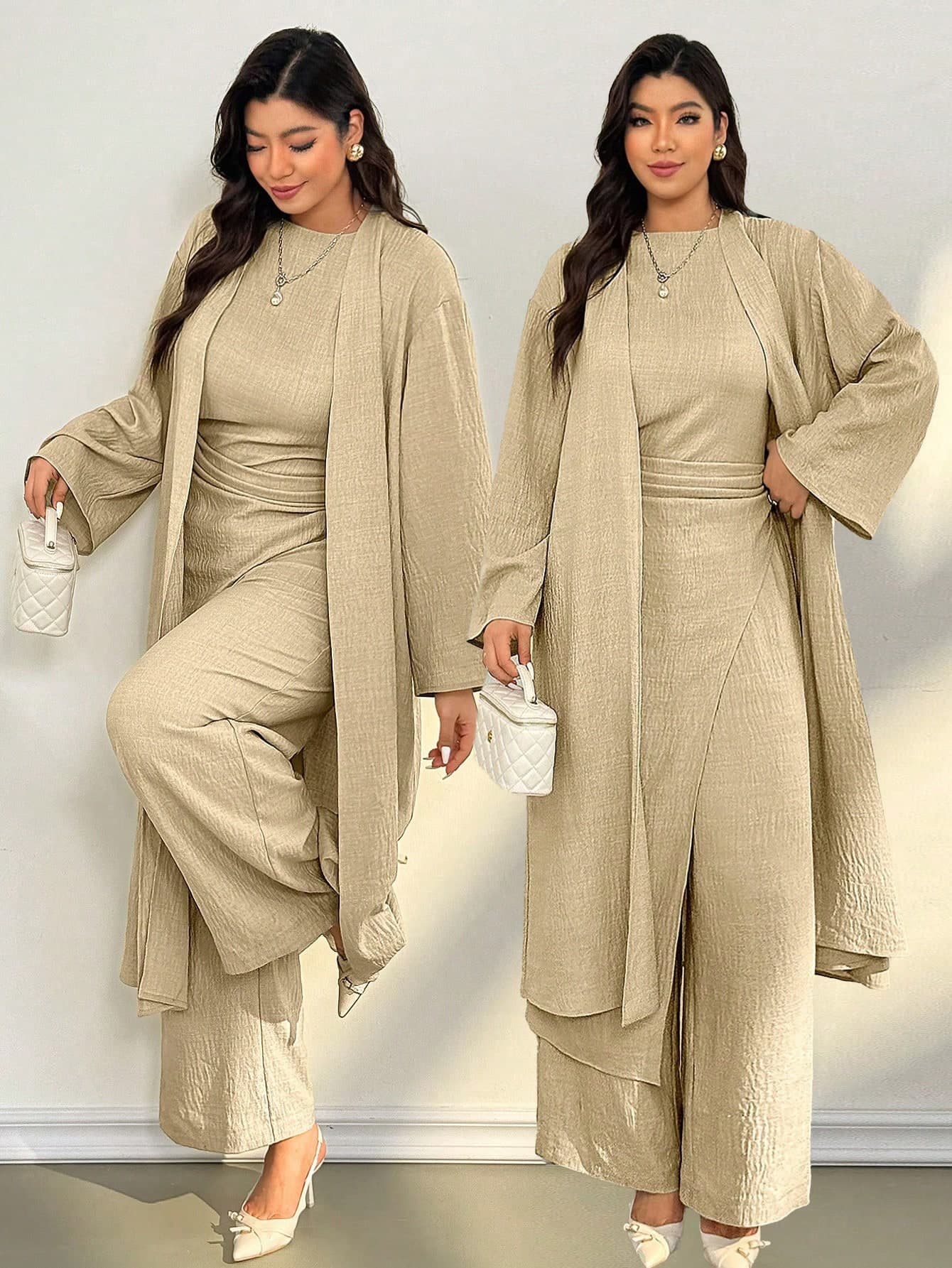 Auralis Khaki,Autumn,Modest,Met Gala, Al-Adha Women's Two Pieces Set,Collarless Long Sleeve Jacket & Sleeveless Wrap Jumpsuit,Elegant Office Lady Outfit Fall