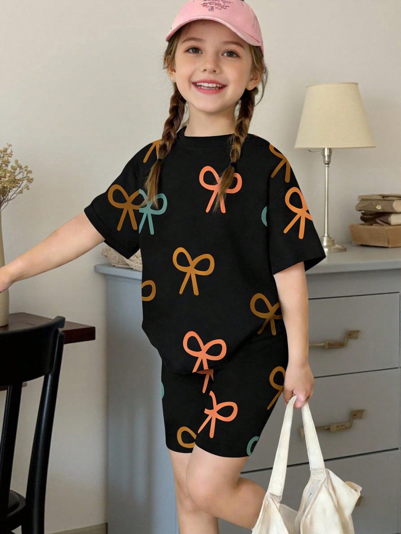 Elladie kids 1 Set Young Girls' Cute Colorful Bow Print Round Neck Short Sleeve T-Shirt And Knit Skinny Shorts Girls Casual Outfit With Daily Wear