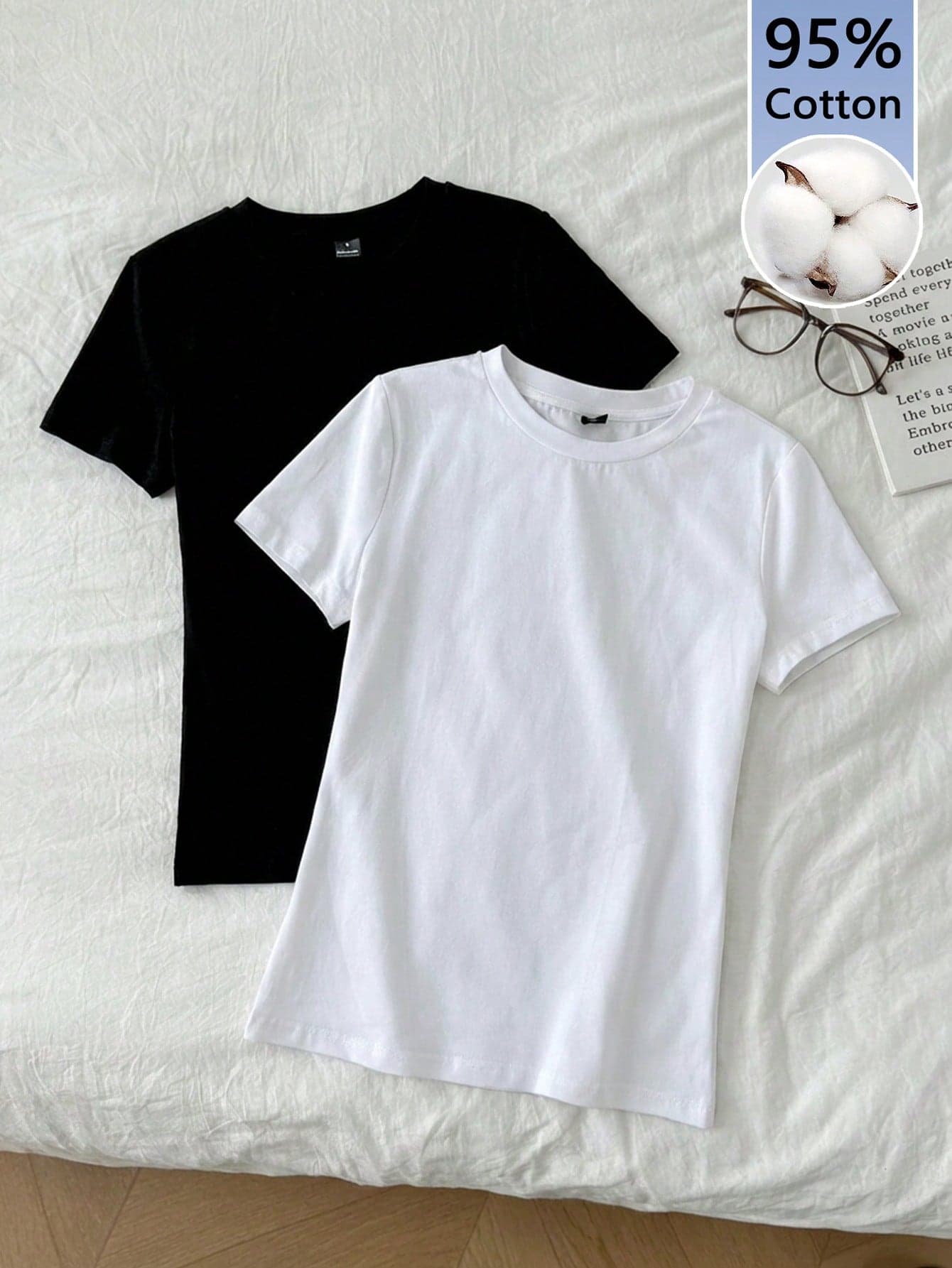 Tseoso 2pcs White And Black Short Sleeve T-Shirt Set,95% Cotton Casual Everyday Summer Women Clothes,Simple Vintage Cute Softgirl Back To School Home Outfits