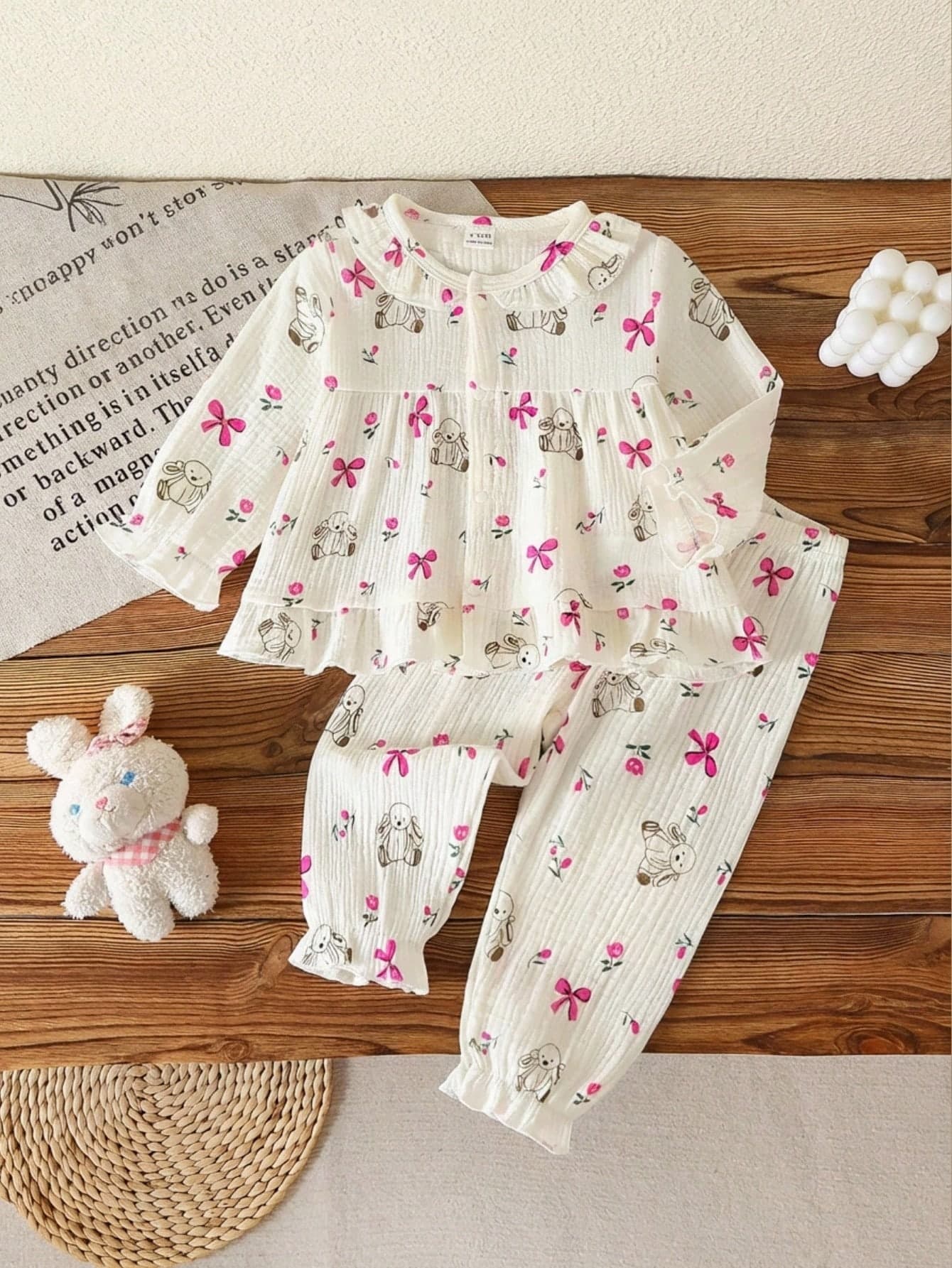 2pcs Baby Girls Long Sleeve Cardigan Top And Pants Homewear Set, Woven Fabric, Cute Rabbit & Bow Pattern
