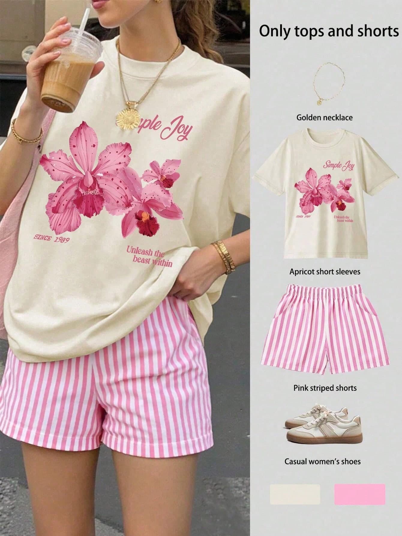 Jouncy 2pcs Women Summer Floral Print Short Sleeve Top And Striped Elastic Waist Shorts Set