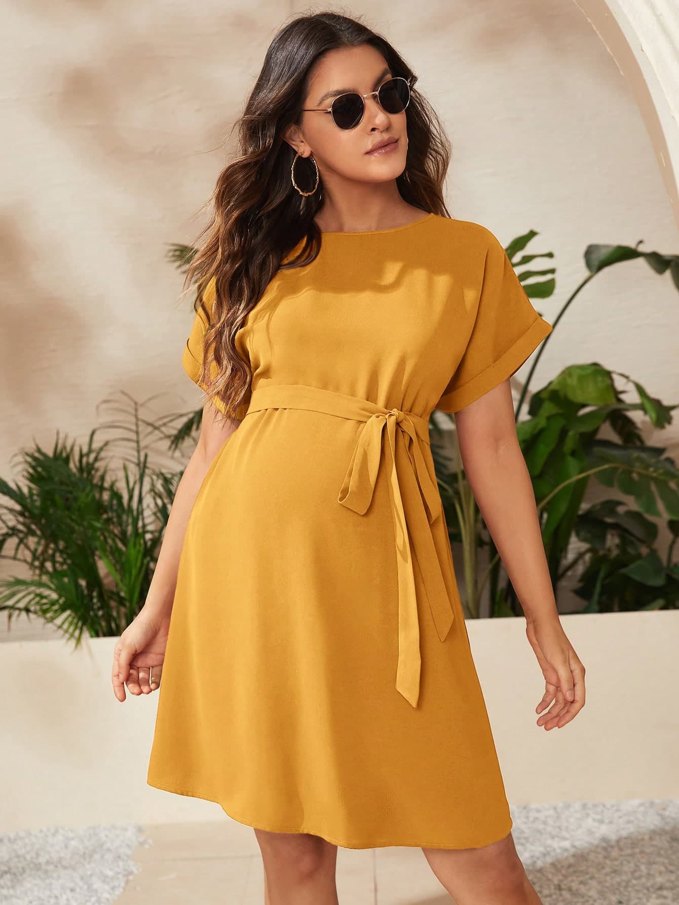 SHEIN Maternity Casual Solid Color Round Neck Batwing Sleeve Dress, Summer