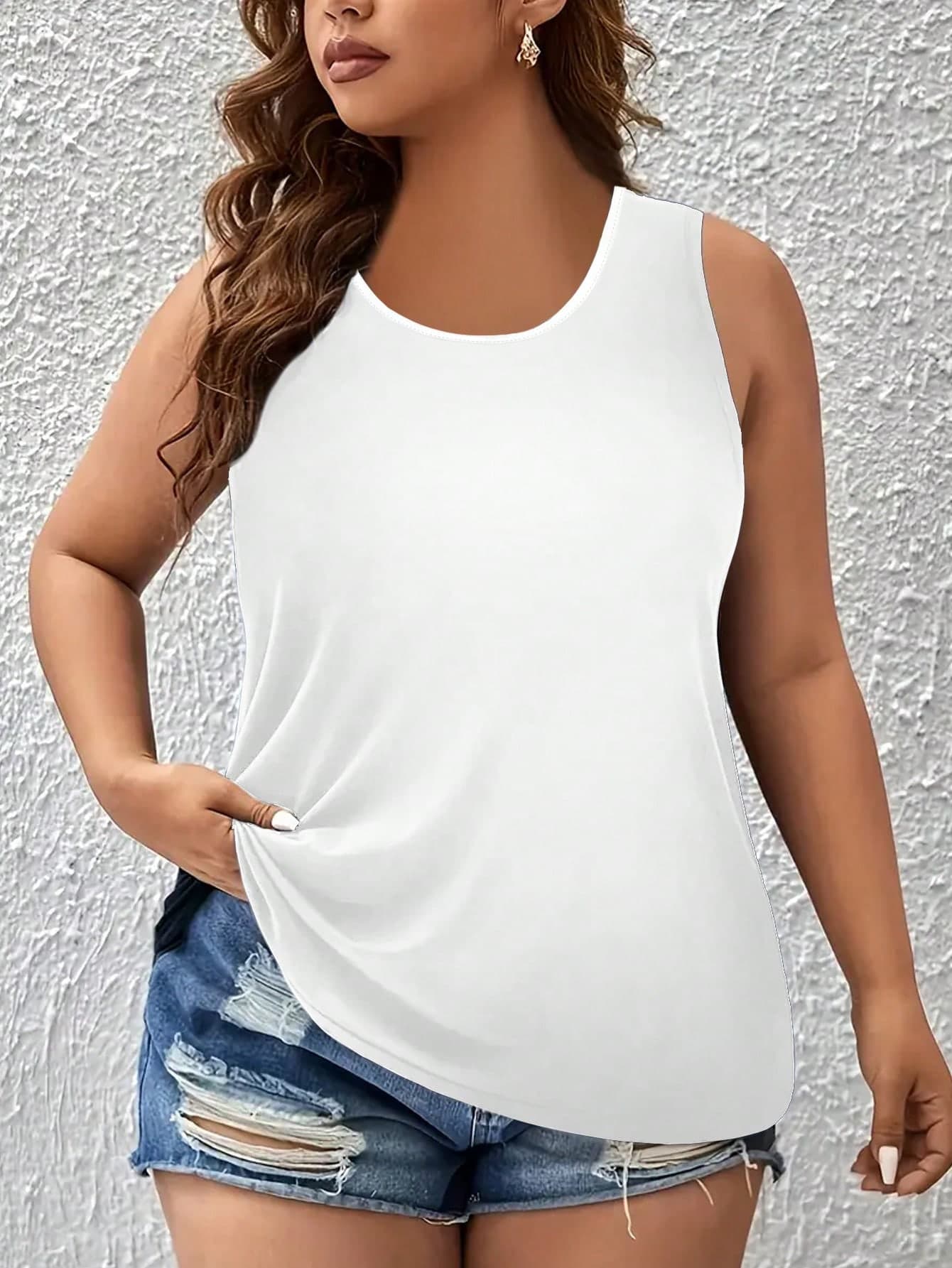 EMERY ROSE Plus Size Summer Casual Simple Solid Color White Tank Top