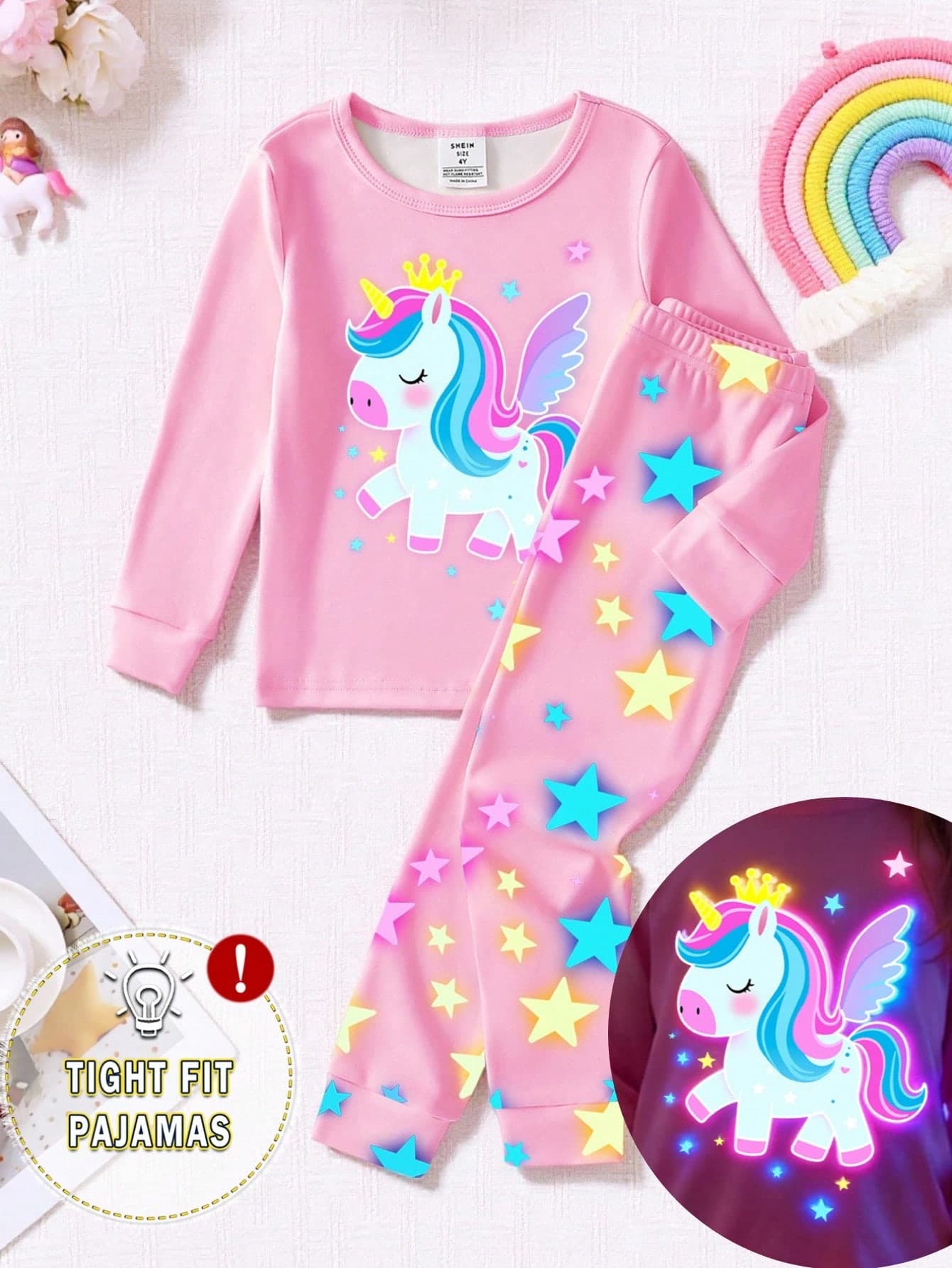 Young Girls Glow-In-The-Dark Pink Unicorn Print 2 Piece Sets Snug Fit Pjs Knit Crew Neck Long Sleeve Top & Pants Pajama Set,Winter Fairy Holiday Night