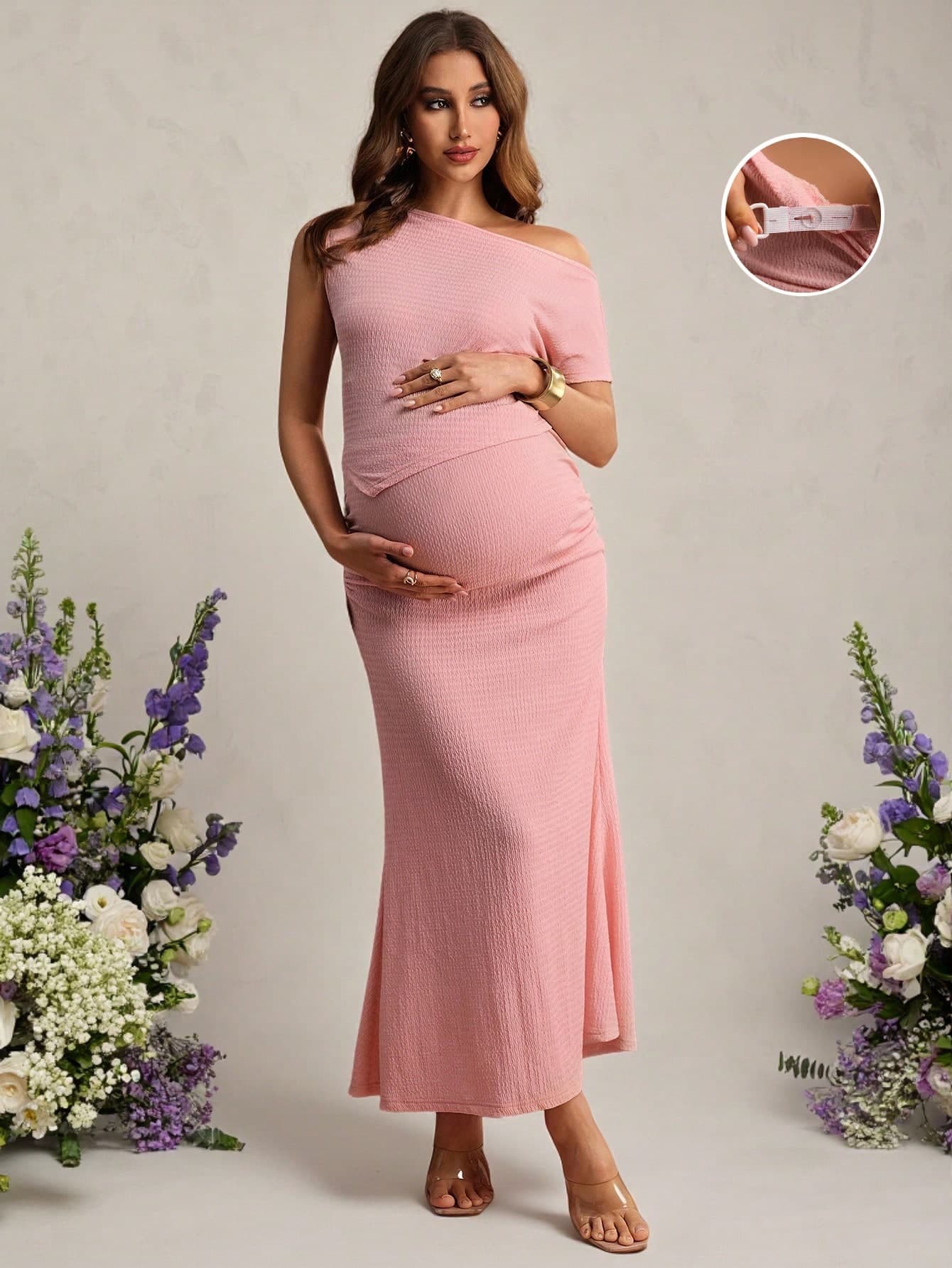 SHEIN Pink Summer Elegant Pregnant Maternity Set,Sleeveless Asymmetrical Shoulder Top & Fishtail Skirt Knit Jacquard Co Ord,Baby Shower Party Clothes
