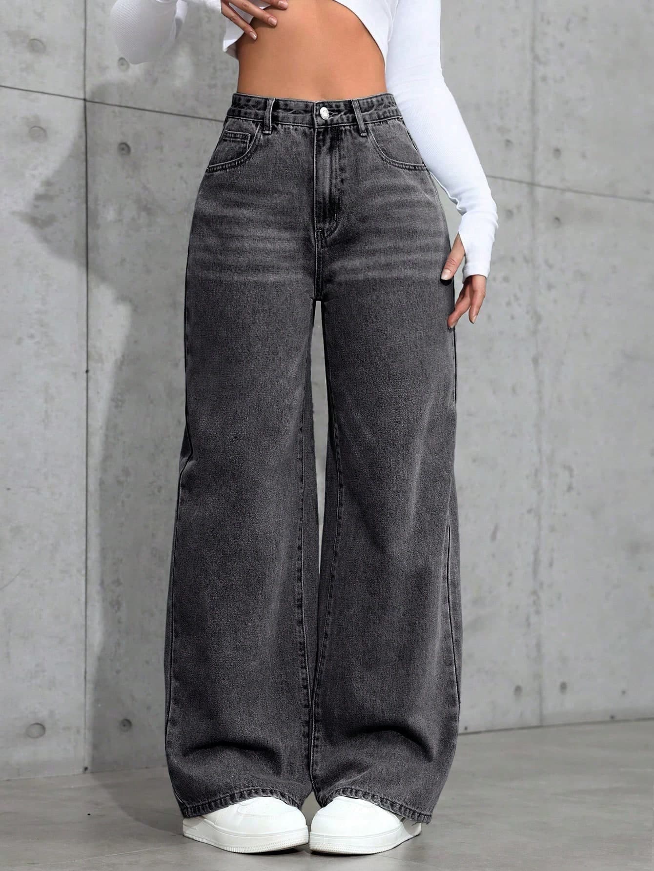 SHEIN ICON Casual Washed High Waist Straight Leg Jeans