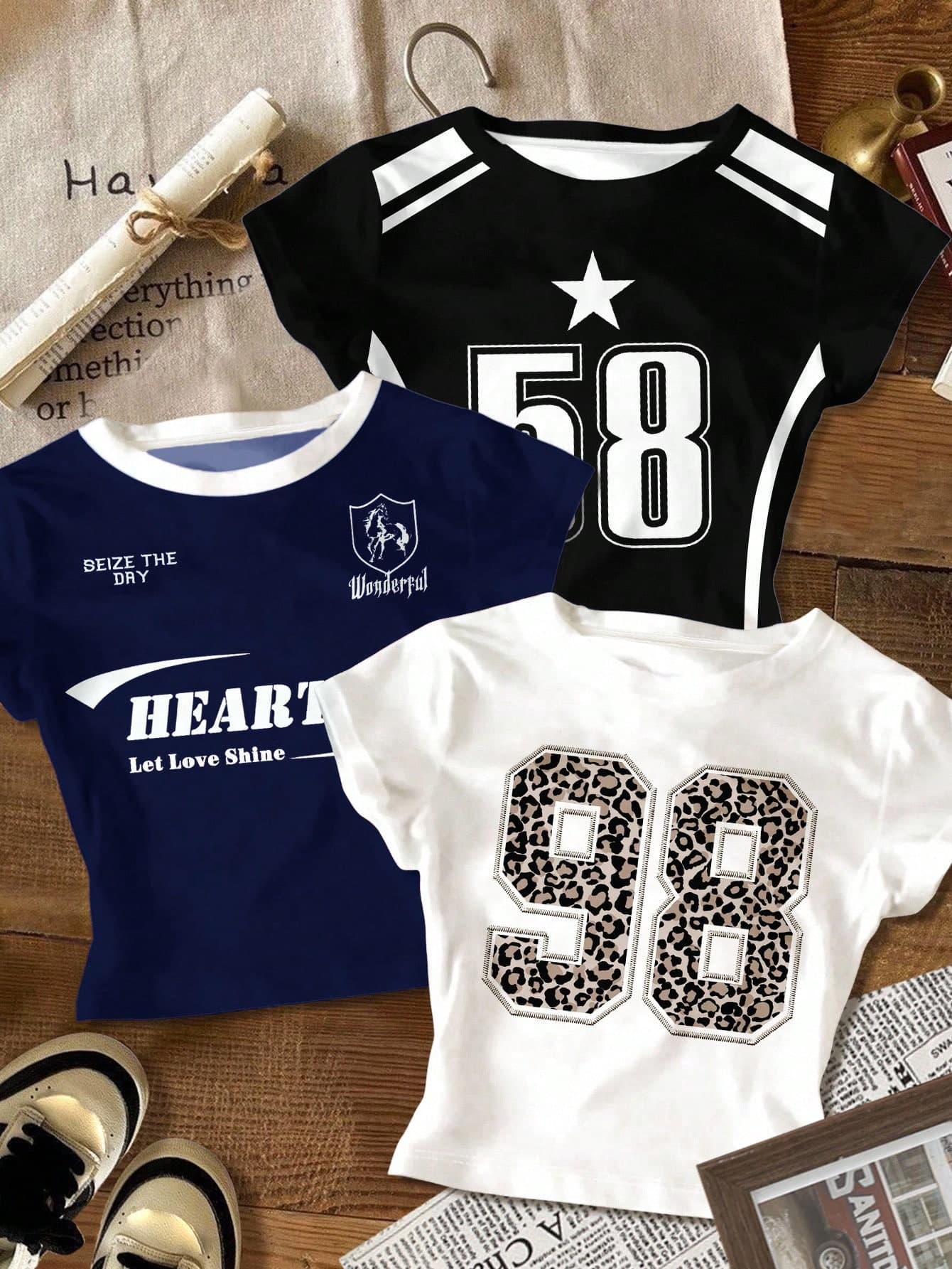 3pcs/Set Teen Girls Black And White,Summer,Athletic,Graduation,Back-To-School Leopard Print,Number & City Letter Graphic Crew Neck Cropped T-Shirts