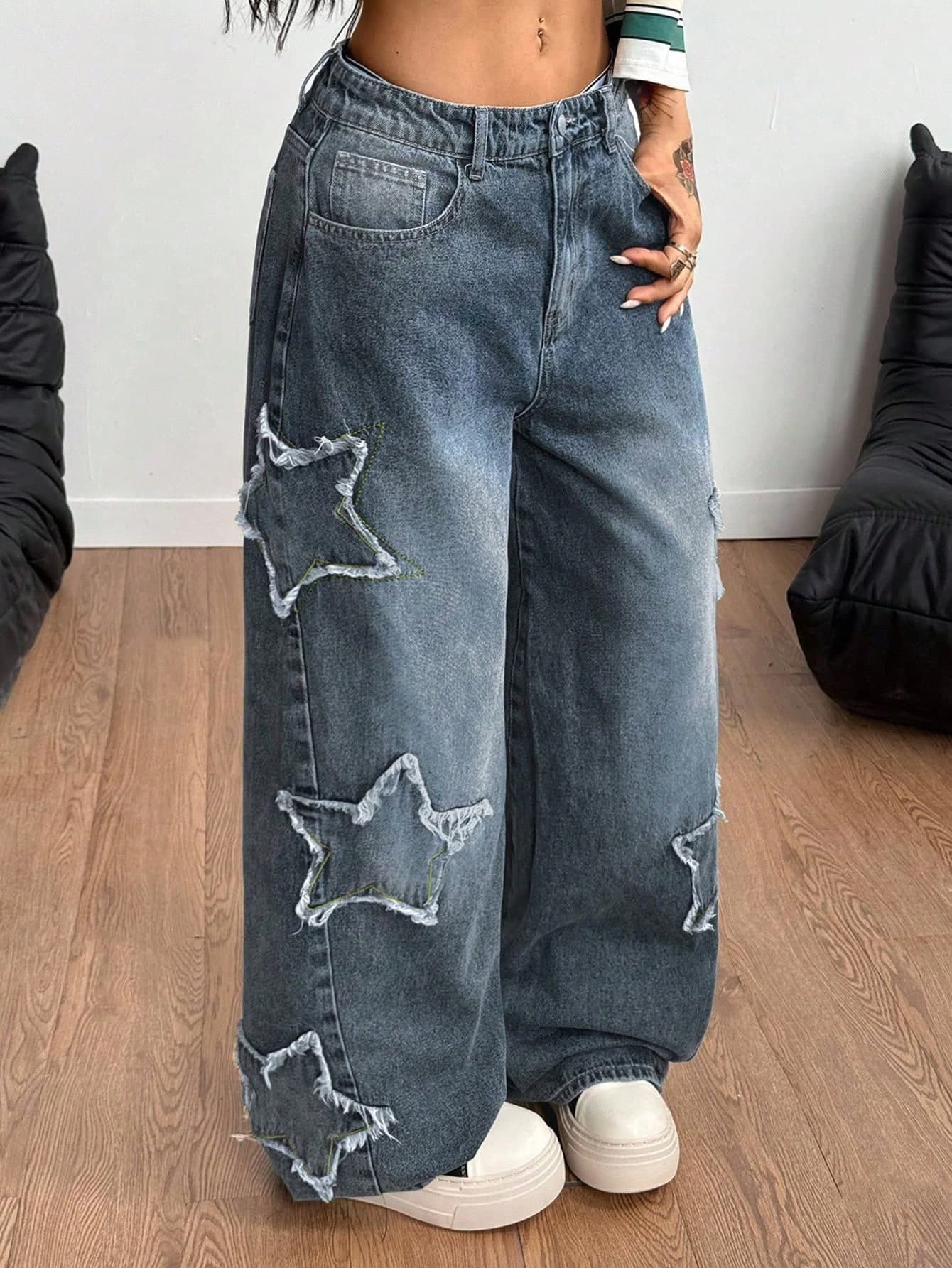 Coolane Women's Winter/All-Season Streetwear Hippie Music Festival Party Casual Preppy Vintage Basic Star Patched Washed Comfortable Blue Baggy Jeans
