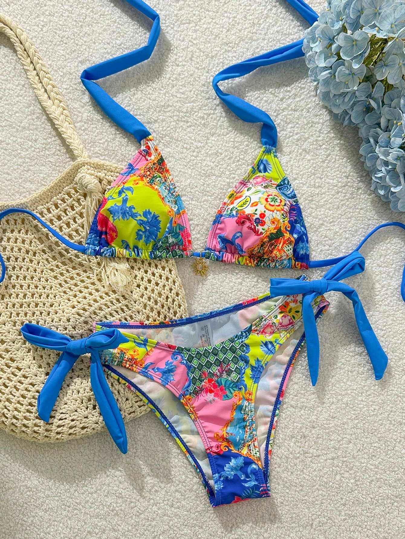 Swim Vcay 2pcs/Set Summer Beach Floral Print Halter Crop Top And Tie Side Bow Bikini Bottom Swimwear