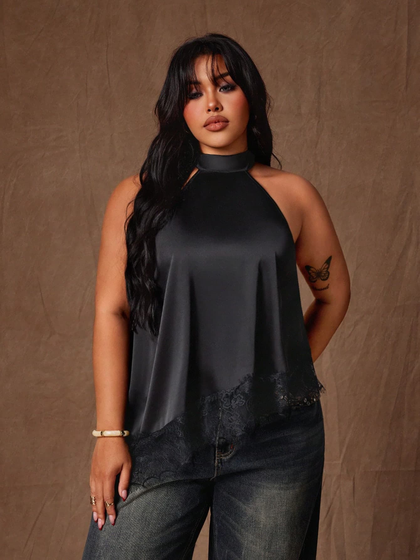 Rustia Plus Size Elegant Satin & Lace Patchwork Asymmetrical Blouse