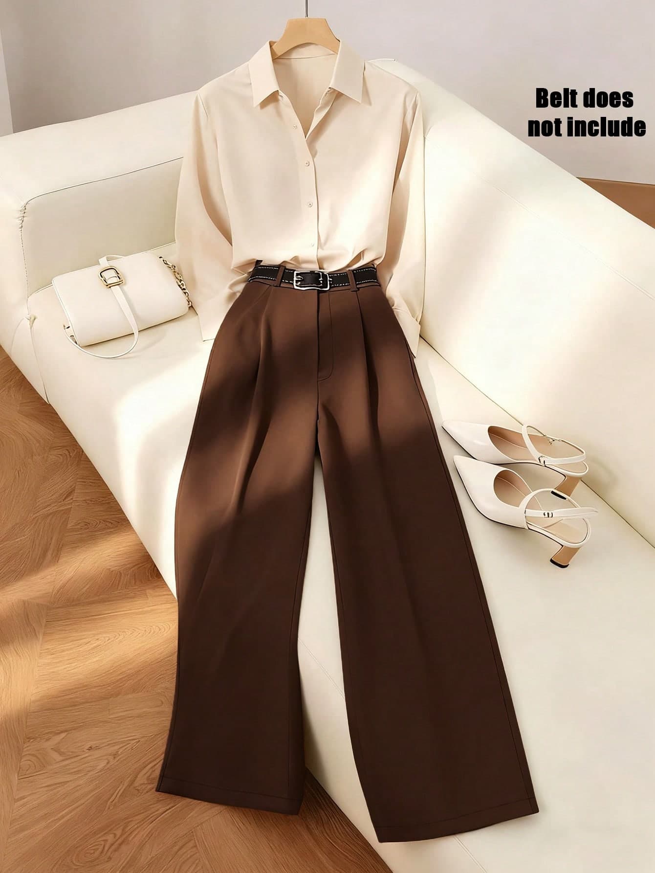 Franclia Women 2 Pieces Set Elegant Shades Of Brown Fall Winter Brunch,Apricot Basic Long Sleeve Top Brown Straight Leg Pants,Business Formal Office Outfits