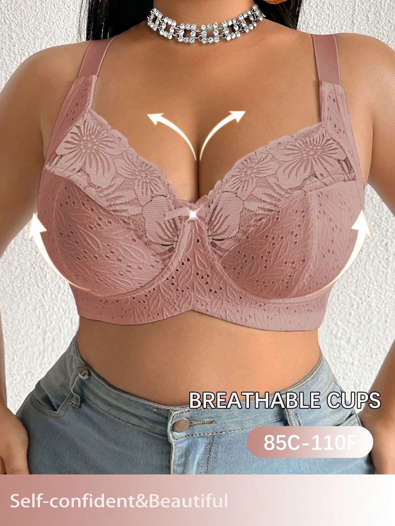 DesireSculpt 1pc Plus Size Lace Patchwork Wireless Bra
