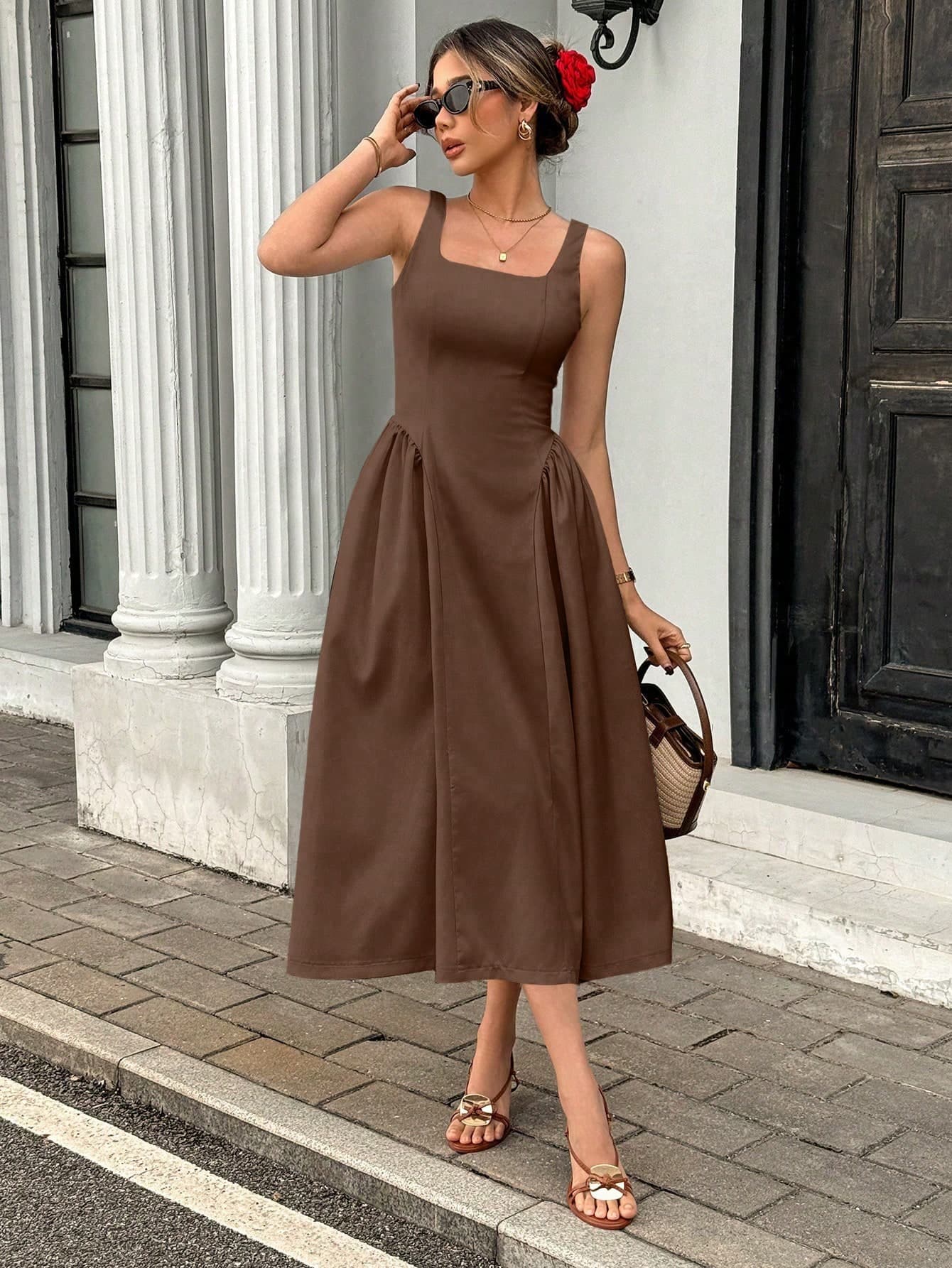 Pariaura Women's Solid Color Square Neck Sleeveless Elegant Pleated Maxi Dress