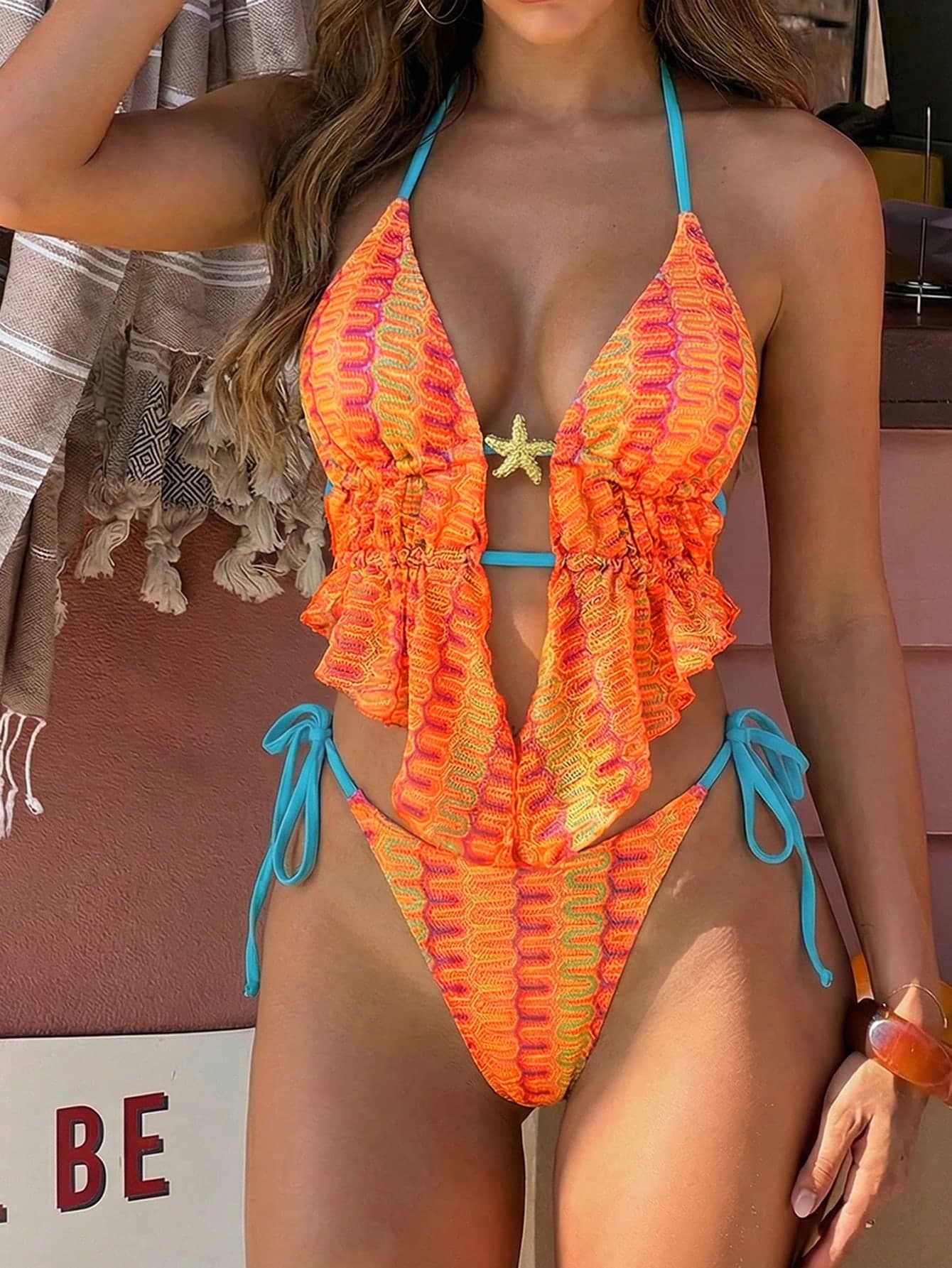 Swim Vcay 2pcs/Set New Halter Neck Backless Metallic Star Decor Sexy Women Swimwear Set
